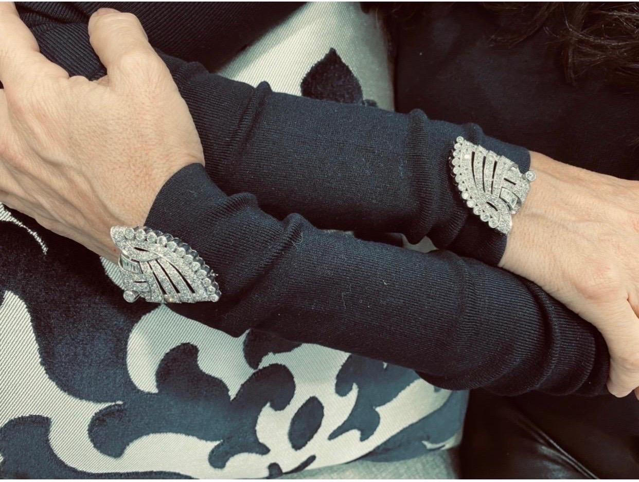 Diamond Platinum/18 Karat Art Deco Detachable Cuff Bracelet and Dress Clips 1