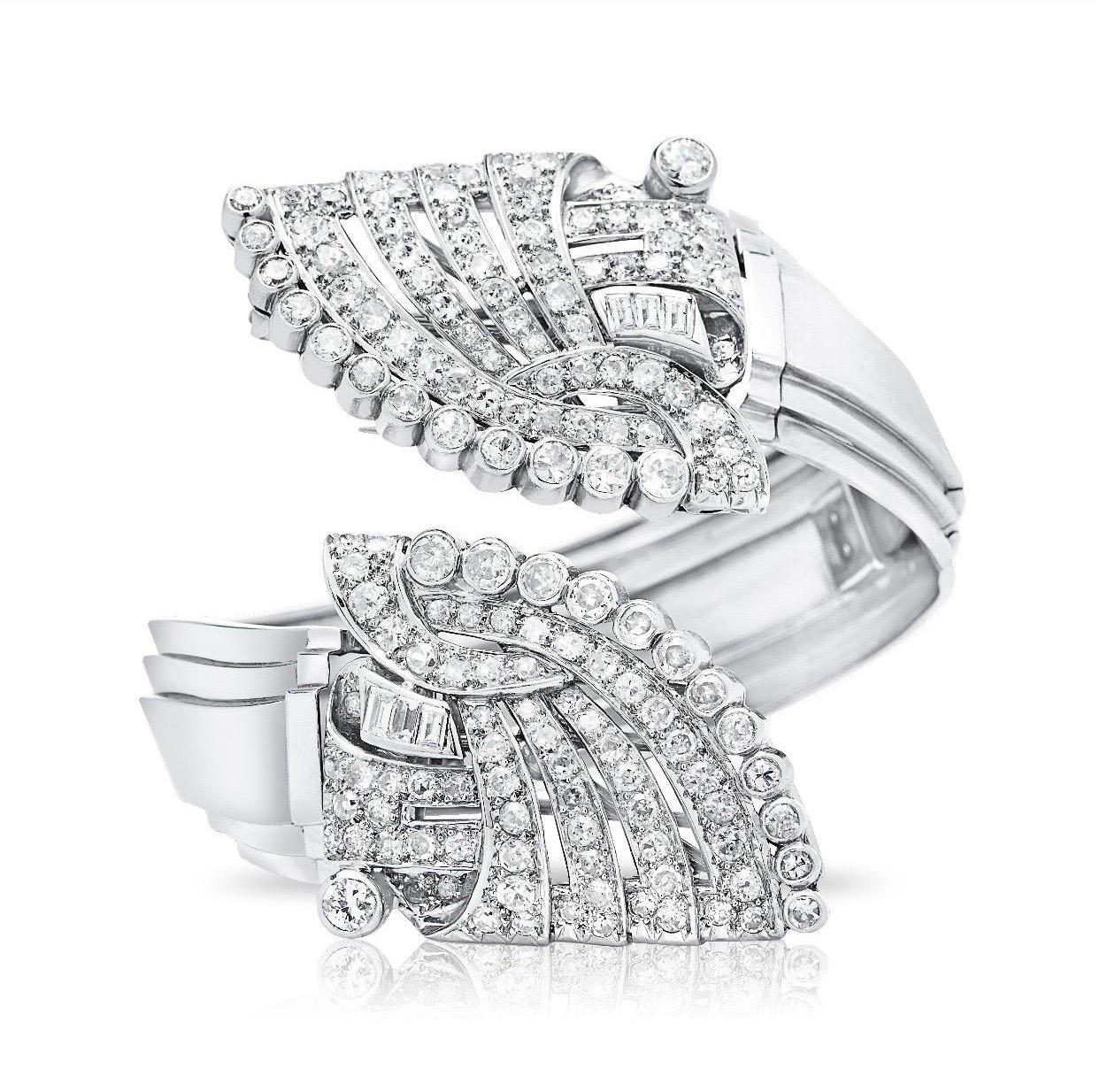 Diamond Platinum/18 Karat Art Deco Detachable Cuff Bracelet and Dress Clips 3