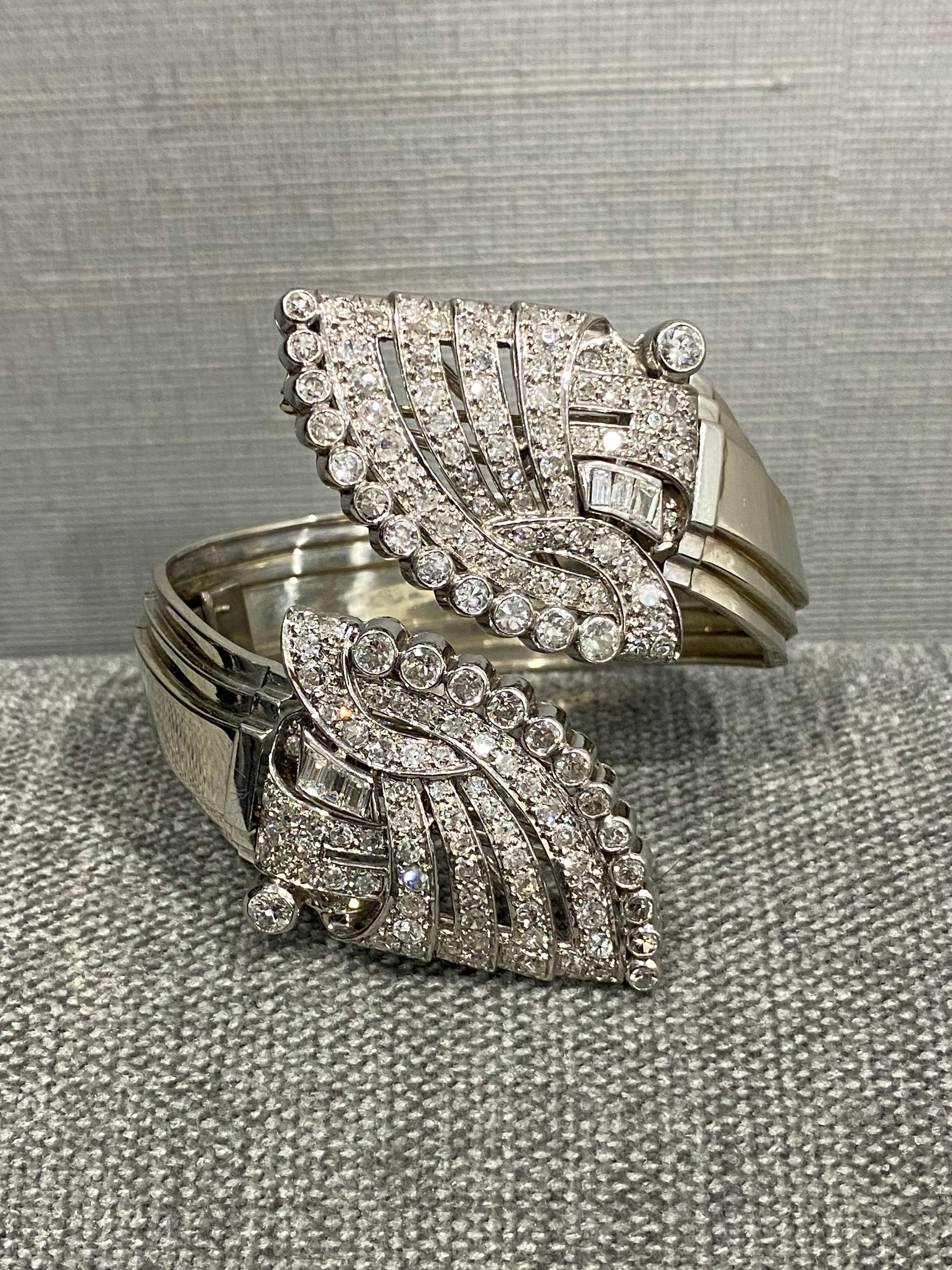 Diamond Platinum/18 Karat Art Deco Detachable Cuff Bracelet and Dress Clips 4