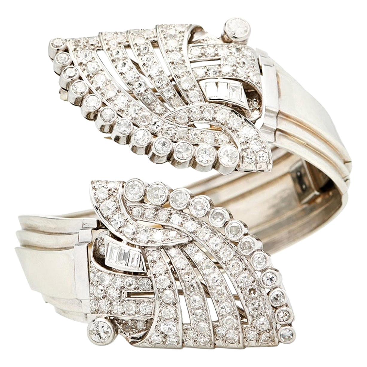 Diamond Platinum/18 Karat Art Deco Detachable Cuff Bracelet and Dress Clips