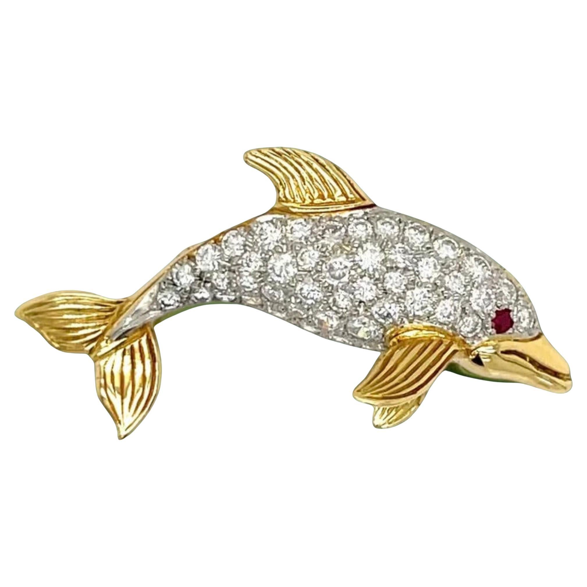 Diamant Platin/18K Gelbgold Delphin Brosche
