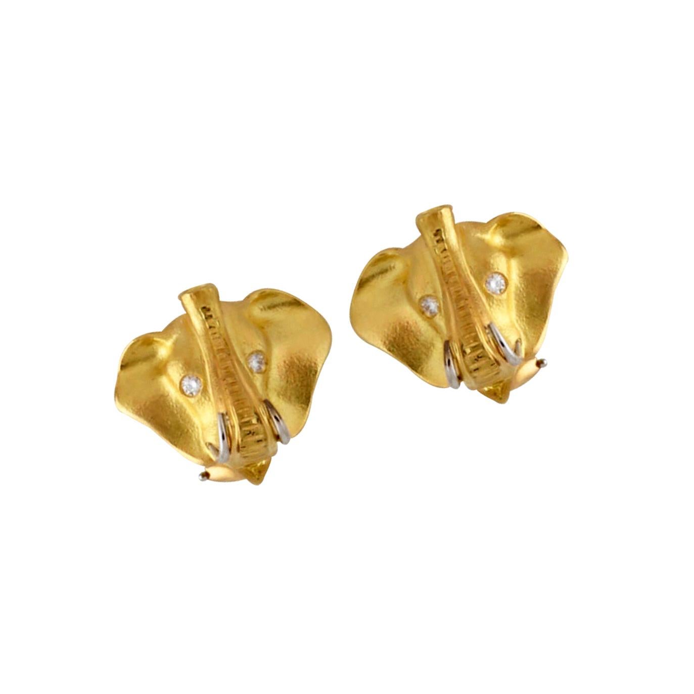 Diamond Platinum 18k Yellow Gold ELEPHANT HEAD Earrings by John Landrum Bryant In New Condition In New York, NY