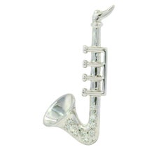 Diamond Platinum and 14K white Gold Saxophone Brooch Pendant