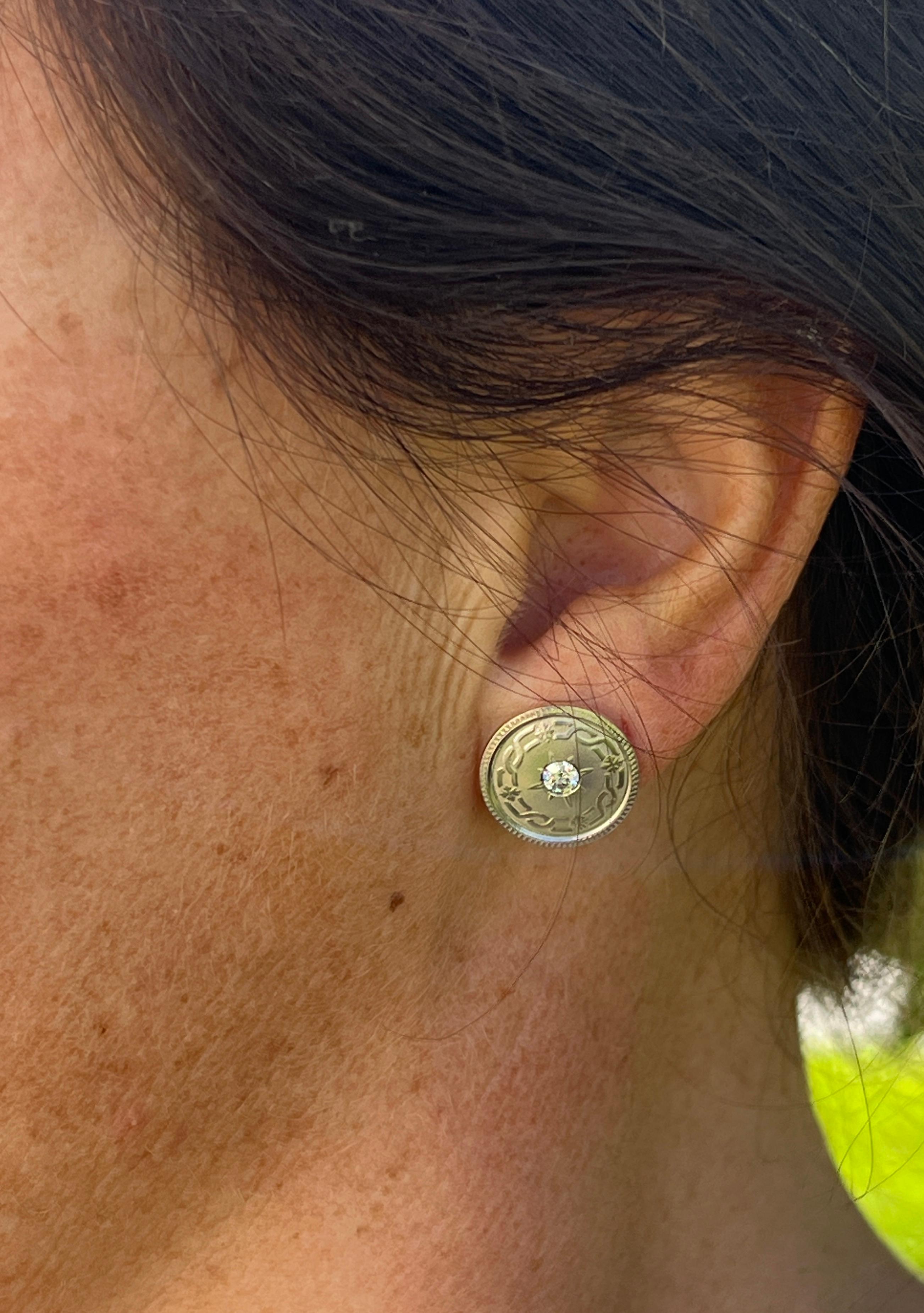 Modern Diamond Platinum and 14k Yellow Gold Cufflink Stud Earrings For Sale