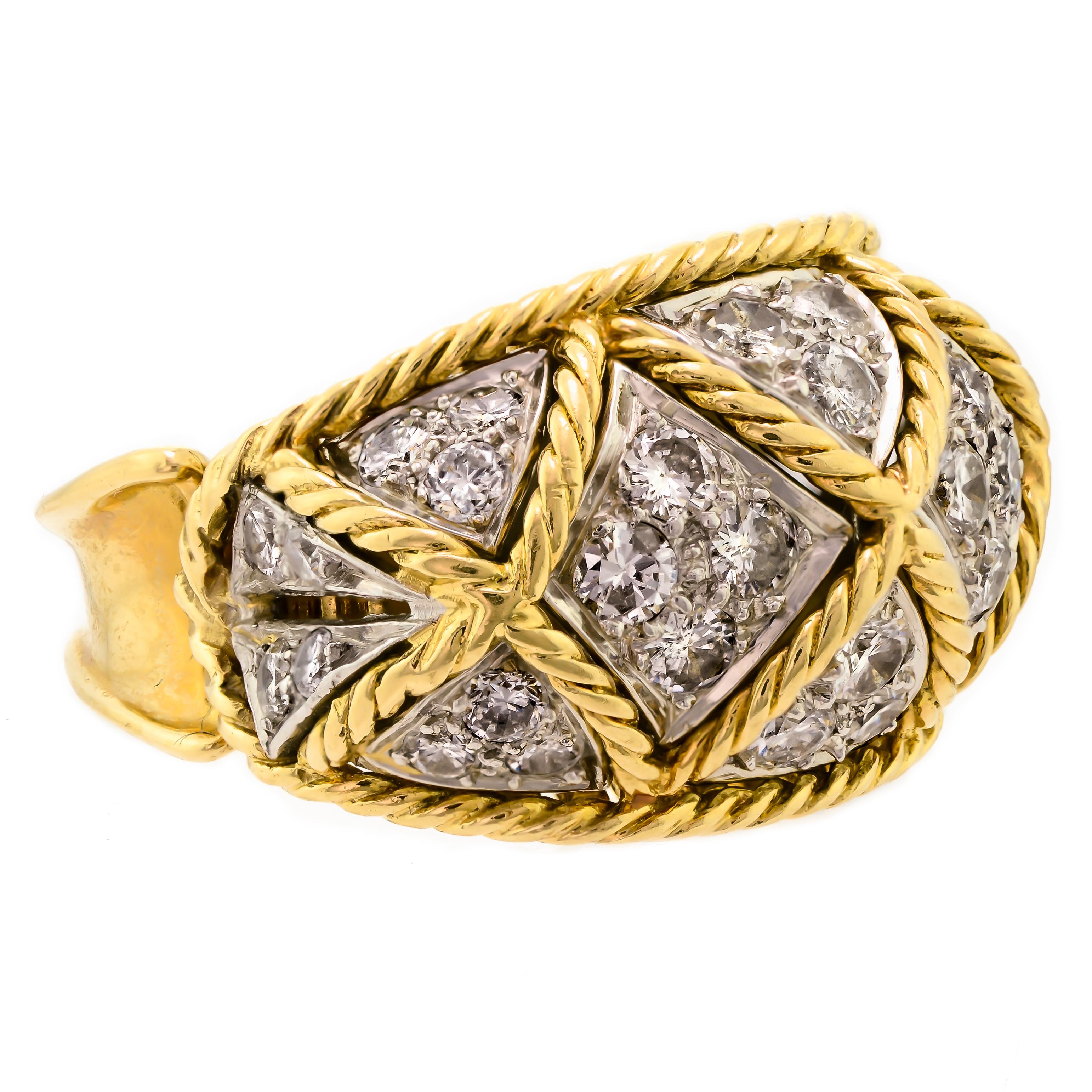 Women's Diamond Platinum and Yellow Gold Dome Cocktail Ring For Sale