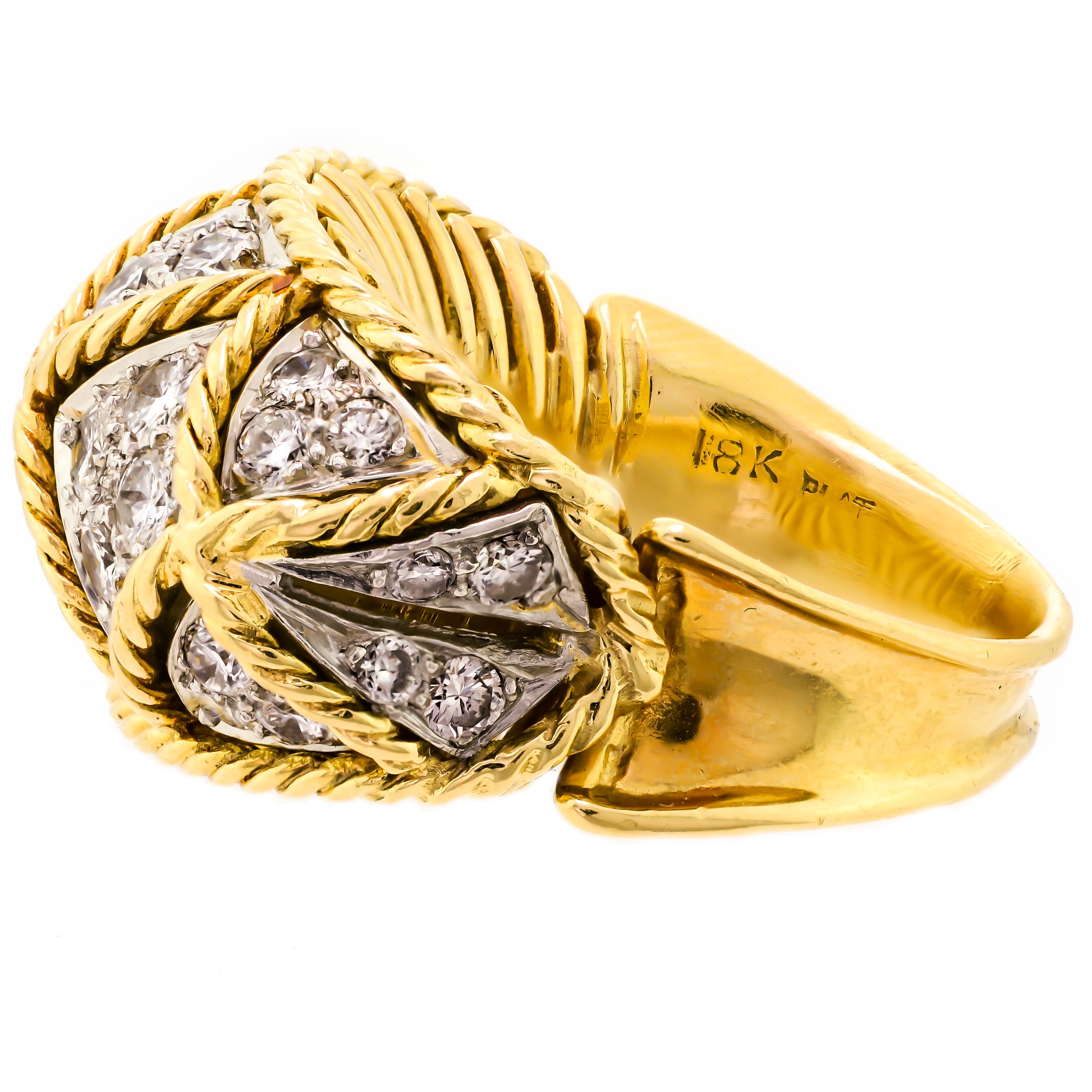 Diamond Platinum and Yellow Gold Dome Cocktail Ring For Sale 1