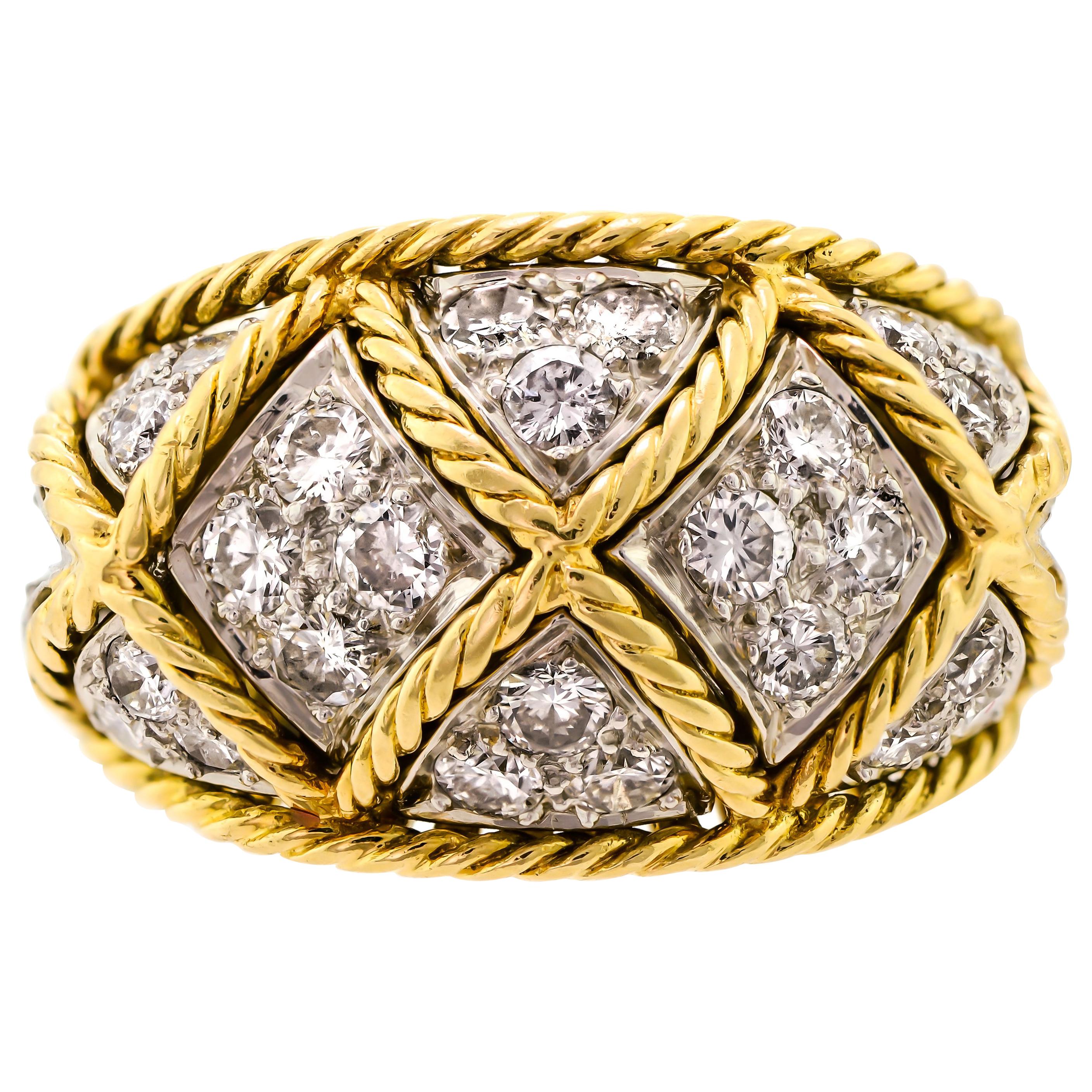 Diamond Platinum and Yellow Gold Dome Cocktail Ring For Sale