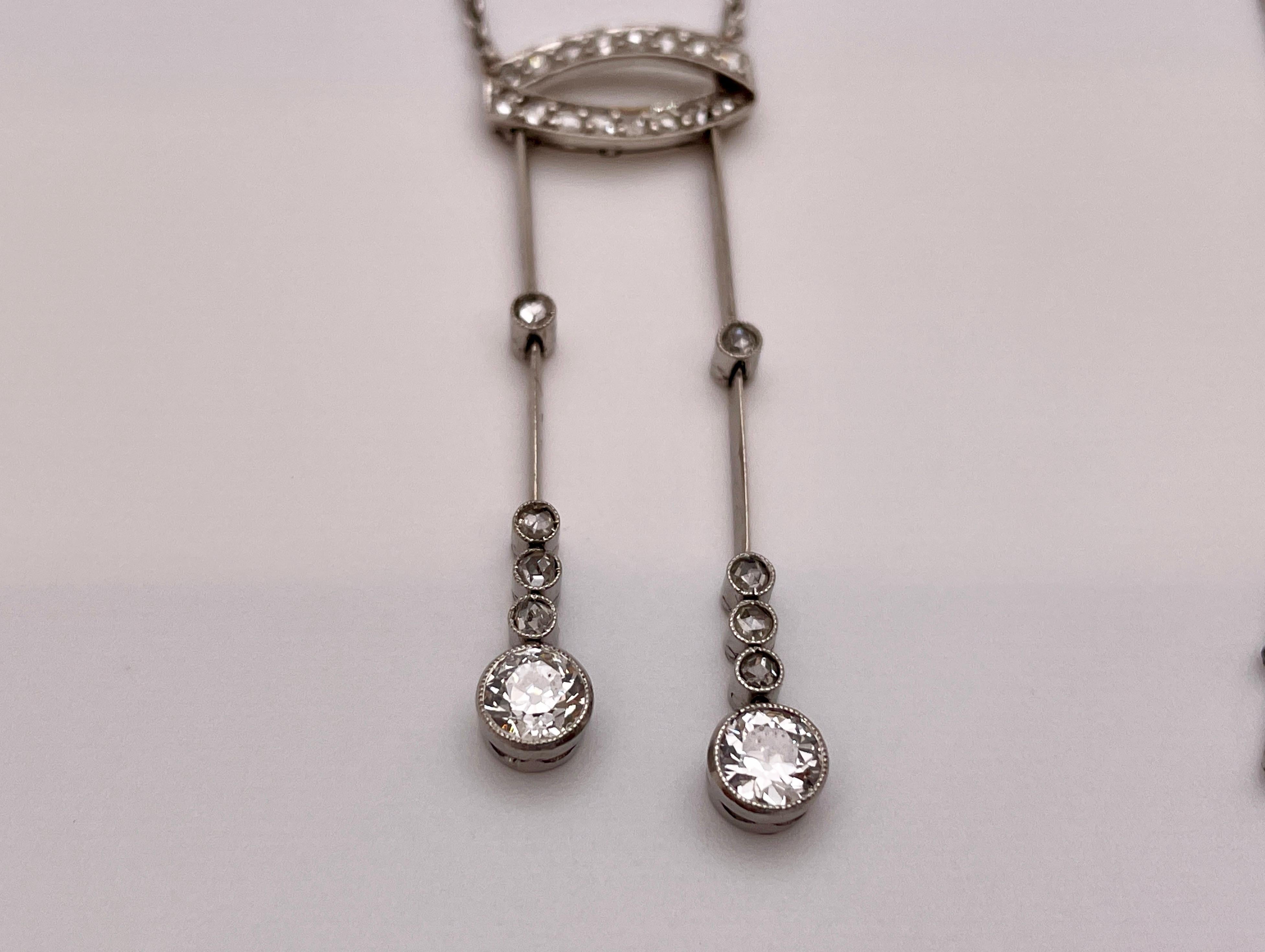 Old European Cut Diamond Platinum Antique Necklace Twin Pendant Signed E. Netter and Cie Belle For Sale