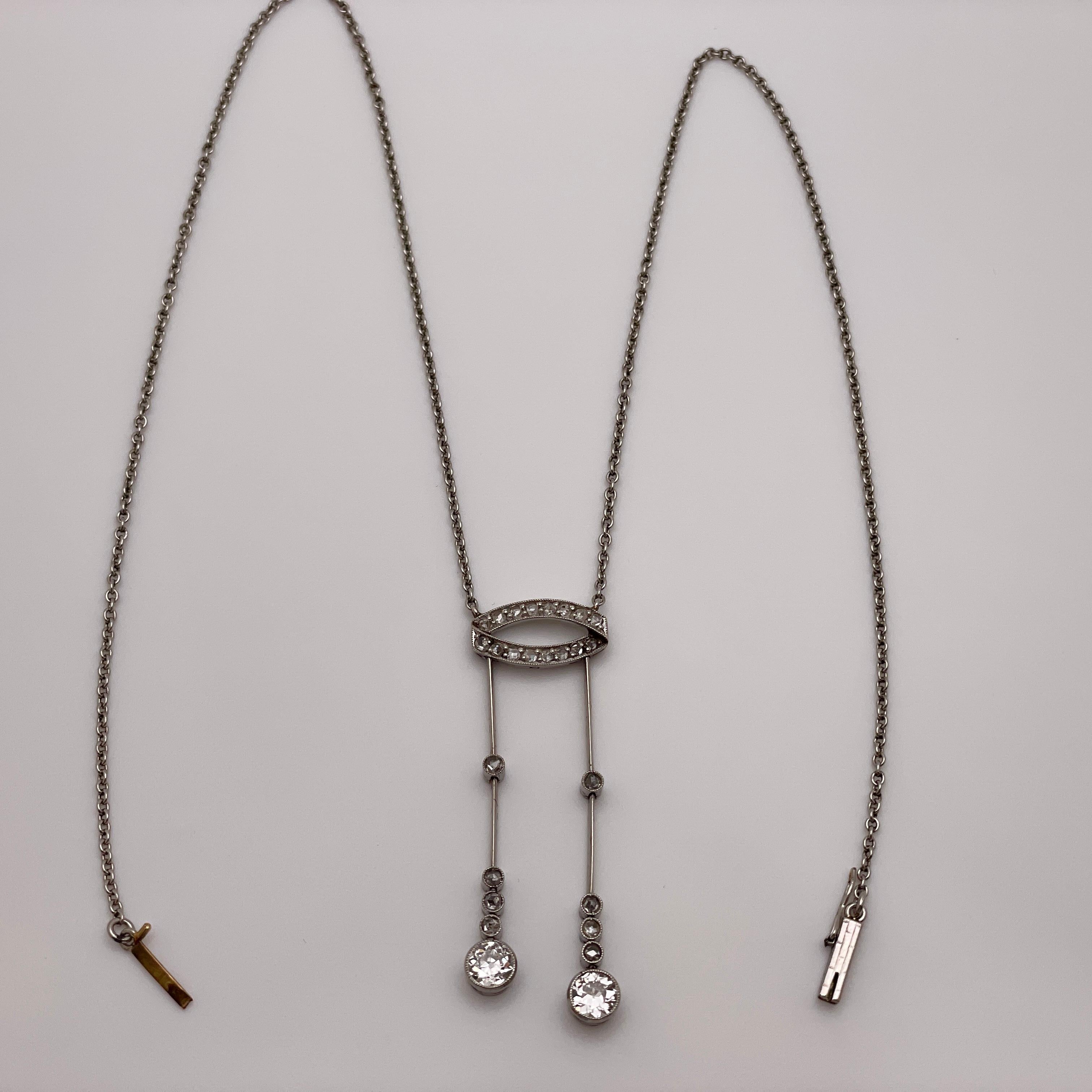 Women's Diamond Platinum Antique Necklace Twin Pendant Signed E. Netter and Cie Belle For Sale