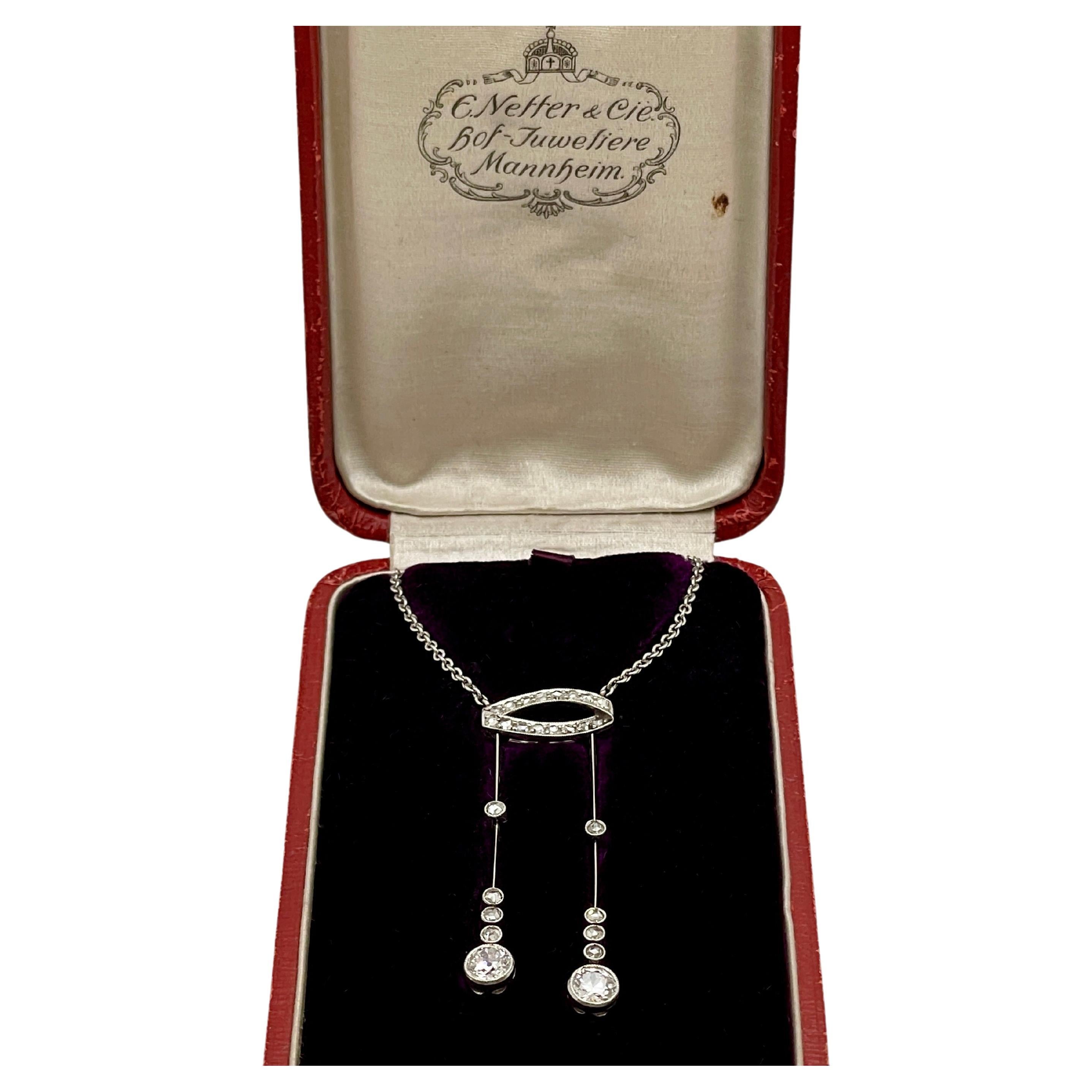 Diamond Platinum Antique Necklace Twin Pendant Signed E. Netter and Cie Belle For Sale