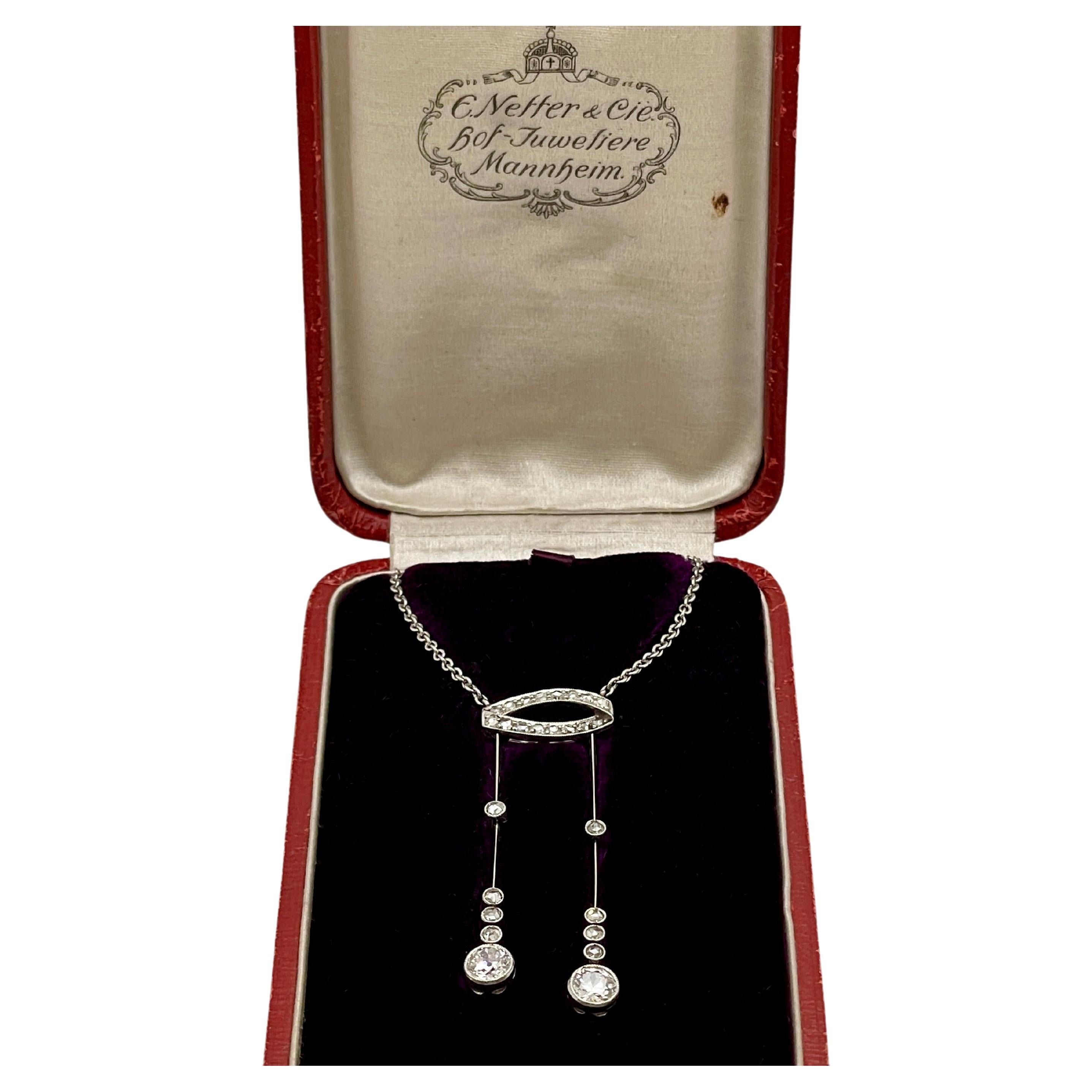 Antike Diamant-Platin-Halskette mit zwei Anhängern, signiert E. Netter und Cie Belle