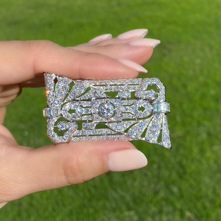 Mixed Cut Diamond Platinum Art Deco Brooch Pin Estate Fine Jewelry For Sale