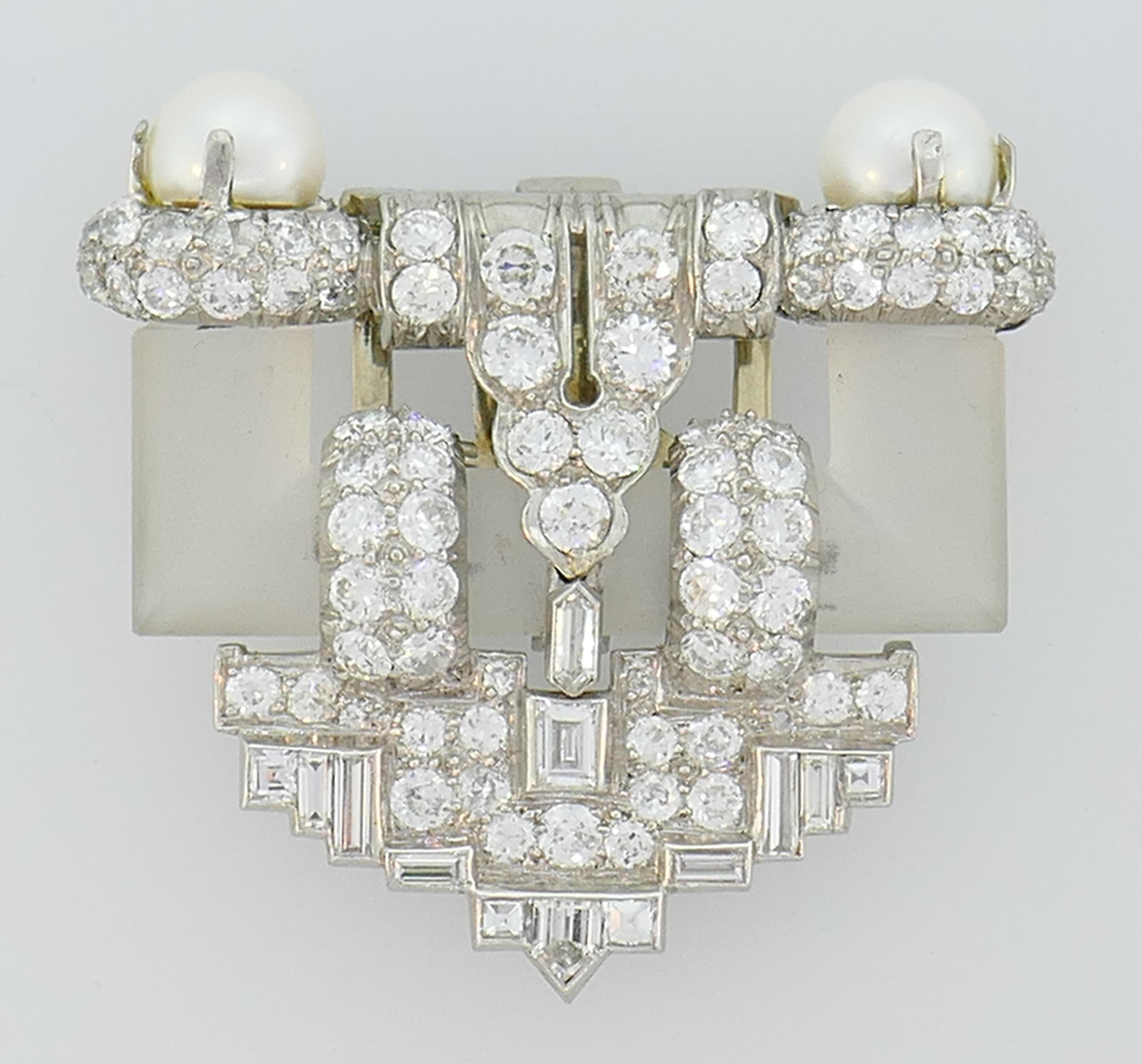 Diamond Platinum Clip Brooch Pin Rock Crystal Pearl, Art Deco, 1930s In Good Condition In Beverly Hills, CA