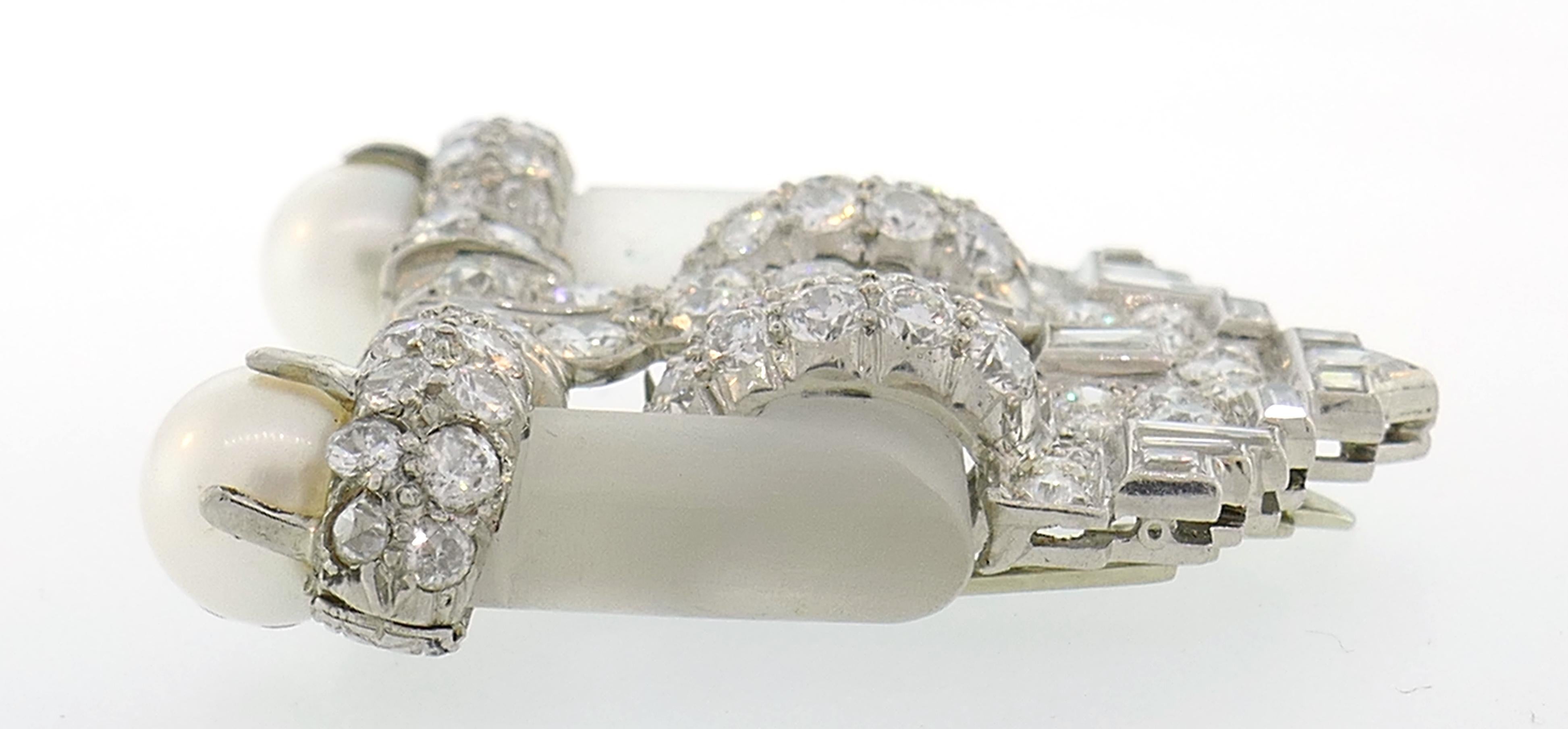 Women's or Men's Diamond Platinum Clip Brooch Pin Rock Crystal Pearl, Art Deco, 1930s