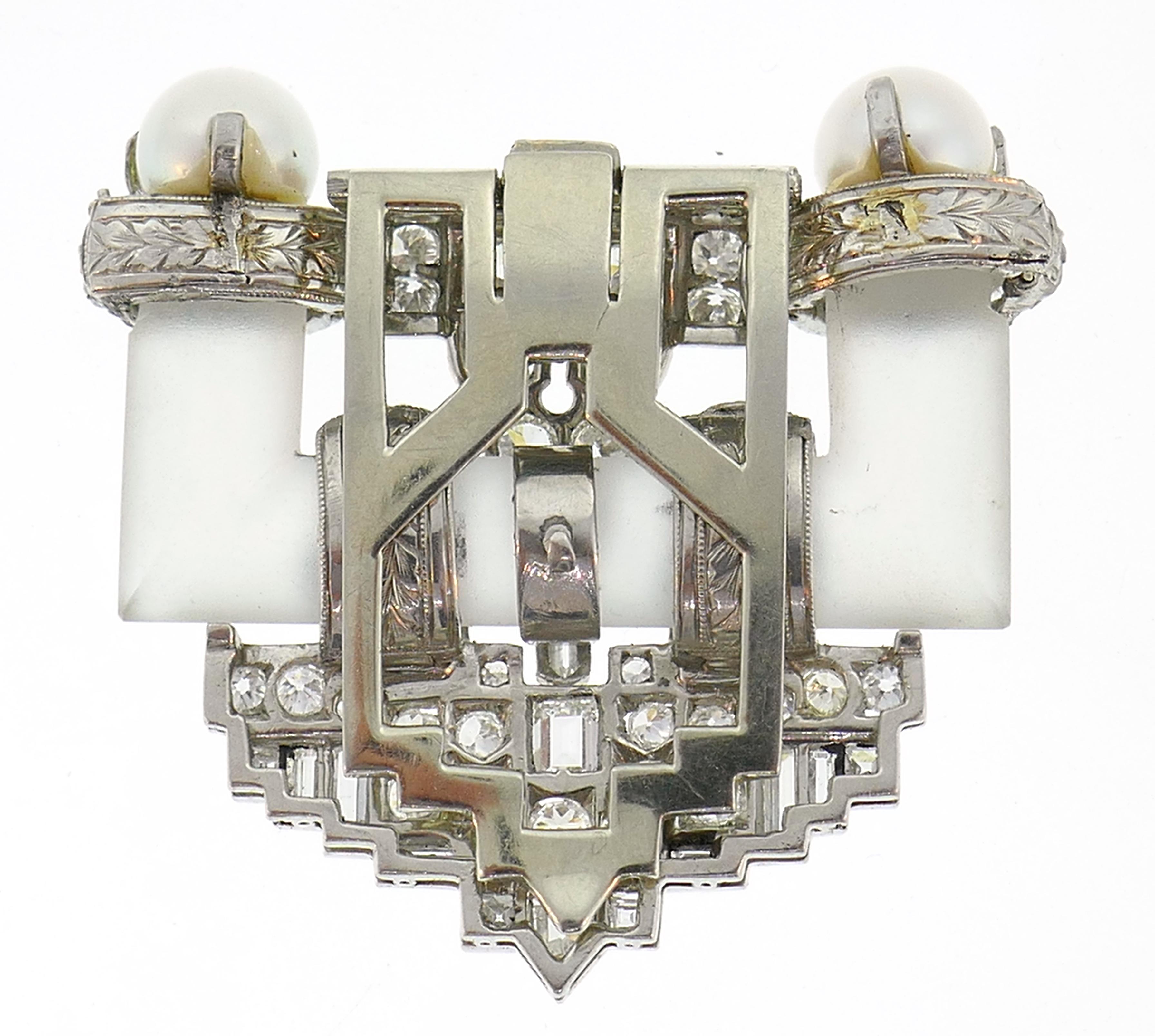Diamond Platinum Clip Brooch Pin Rock Crystal Pearl, Art Deco, 1930s 1