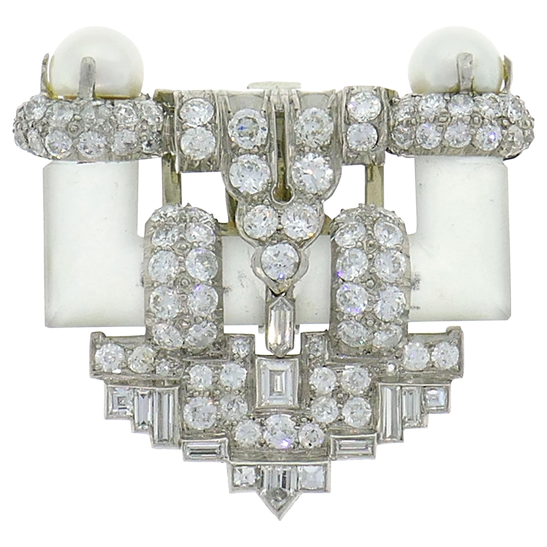 Diamond Platinum Clip Brooch Pin Rock Crystal Pearl, Art Deco, 1930s