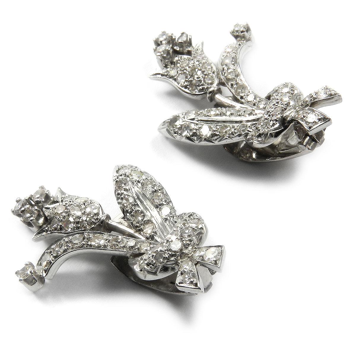 Post-War Diamond Platinum Clip-On Flower Earrings, circa 1940