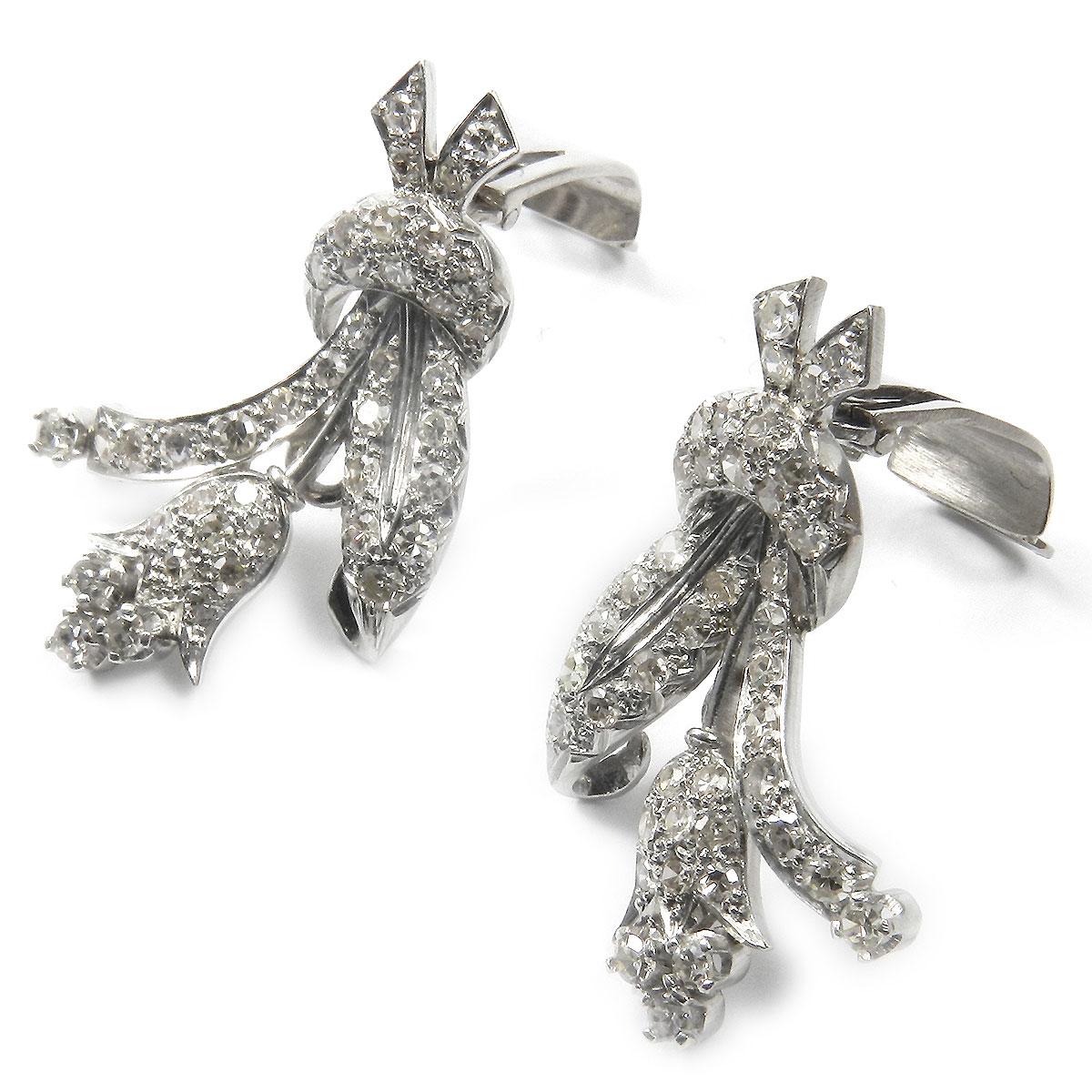 Brilliant Cut Diamond Platinum Clip-On Flower Earrings, circa 1940