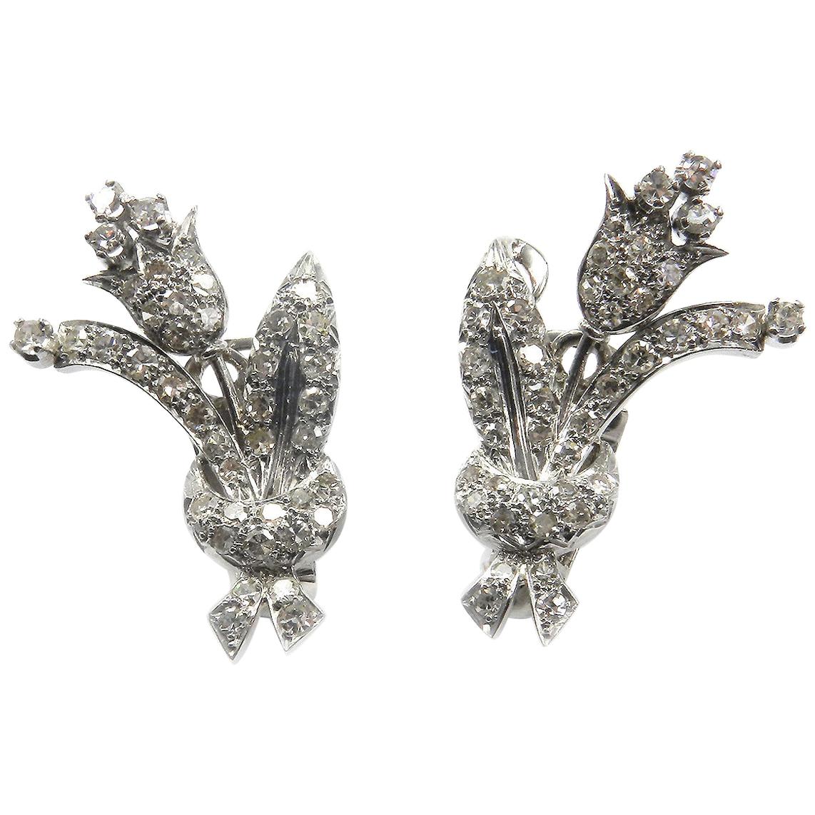 Diamond Platinum Clip-On Flower Earrings, circa 1940