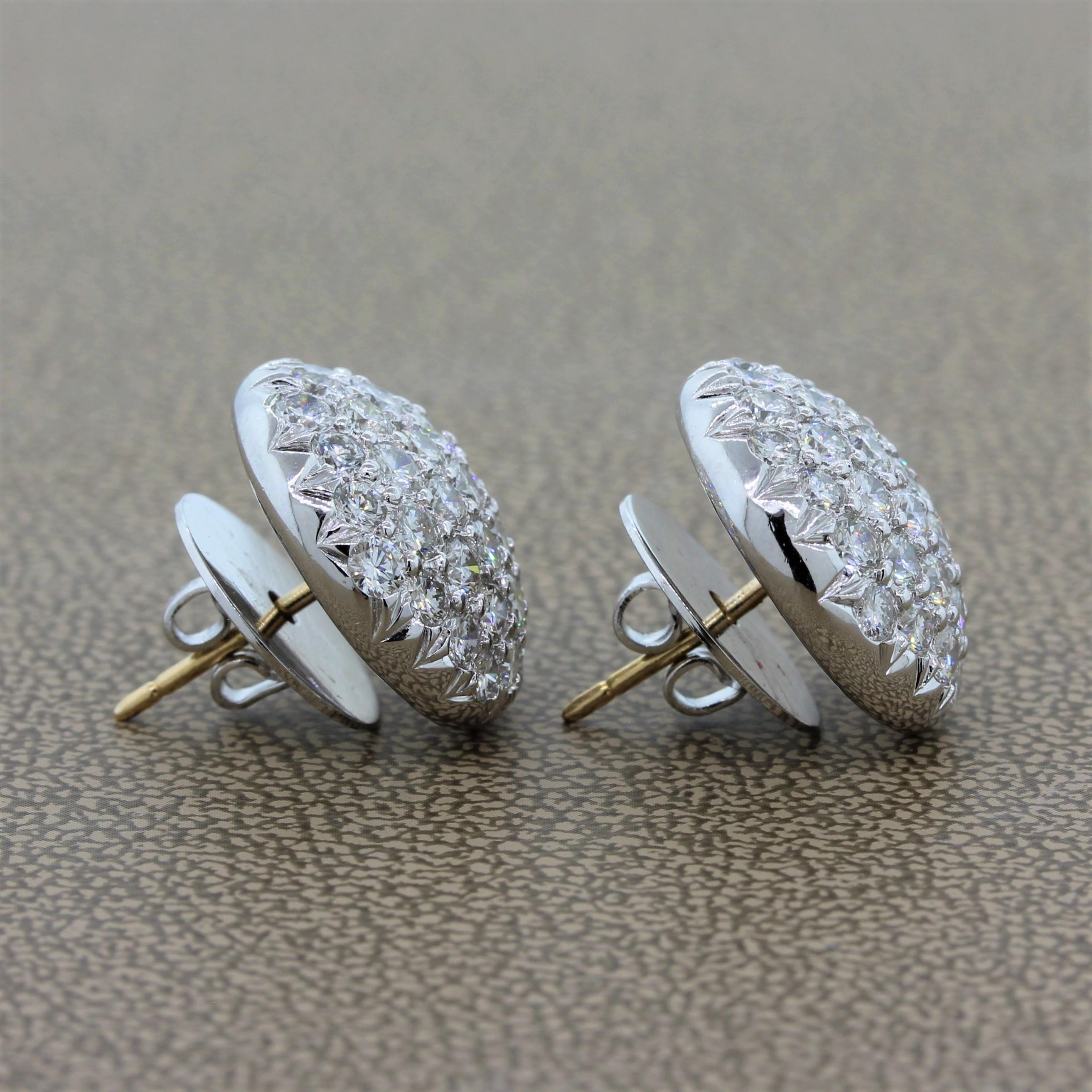 Women's Diamond Platinum Cluster Button Earrings For Sale