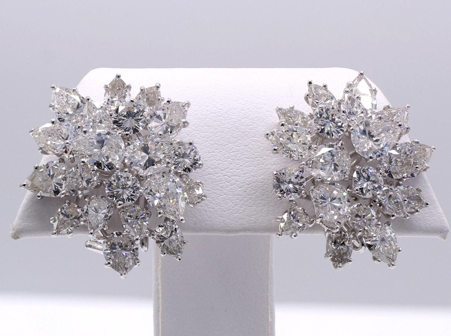 Mixed Cut Diamond Platinum Cluster Ear Clips For Sale