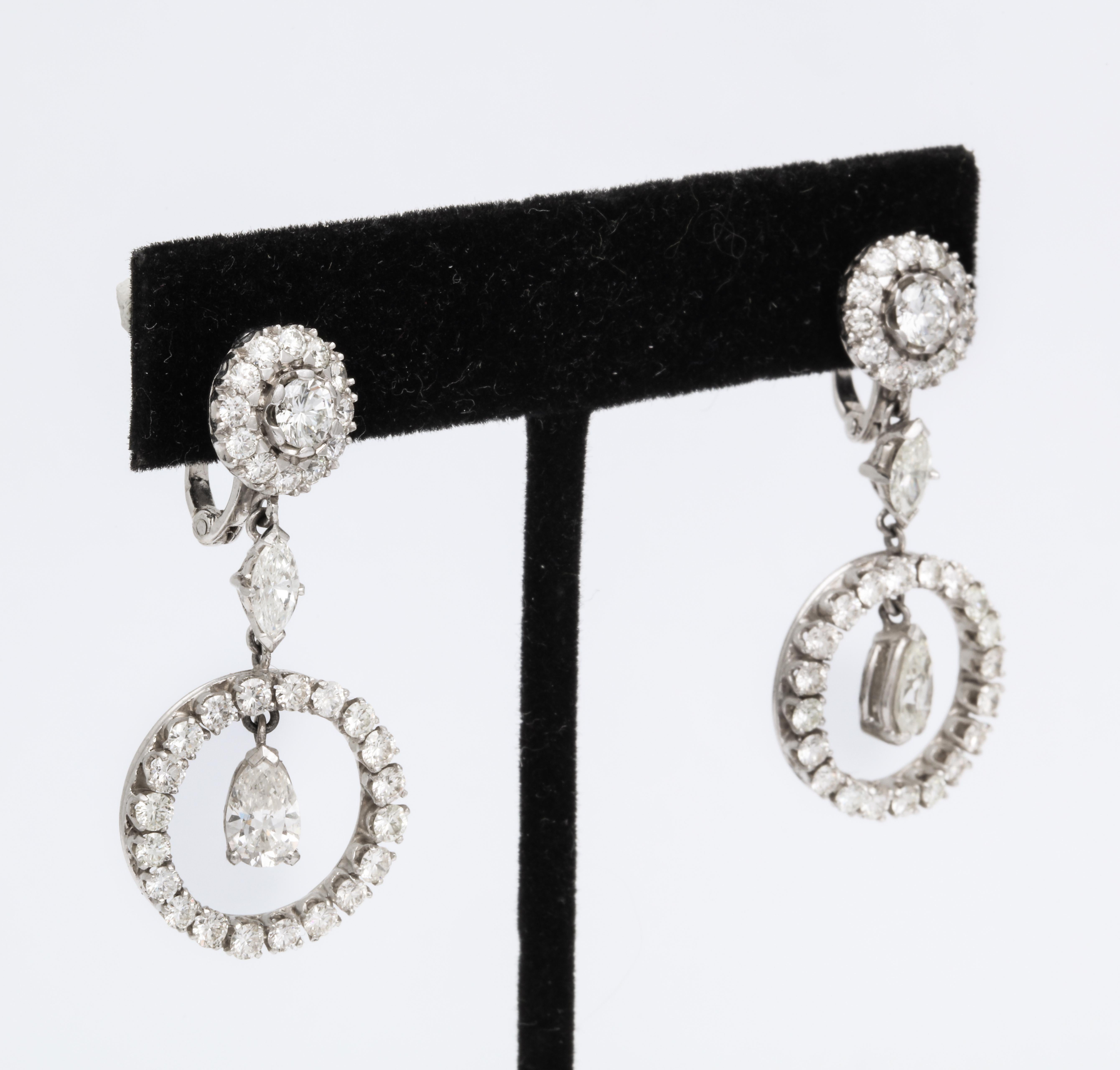 Pear Cut Diamond Platinum Art Deco Style Dangle Earrings