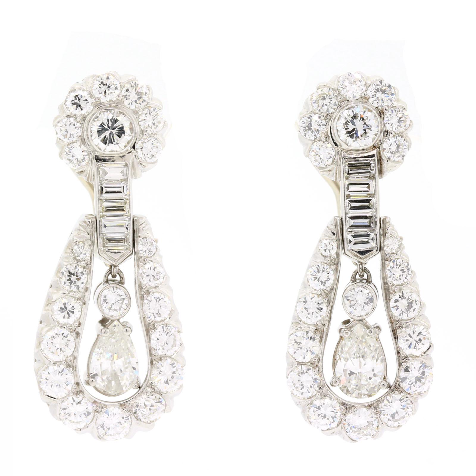 Pear Cut  Vintage Diamond Platinum Dangle Earrings