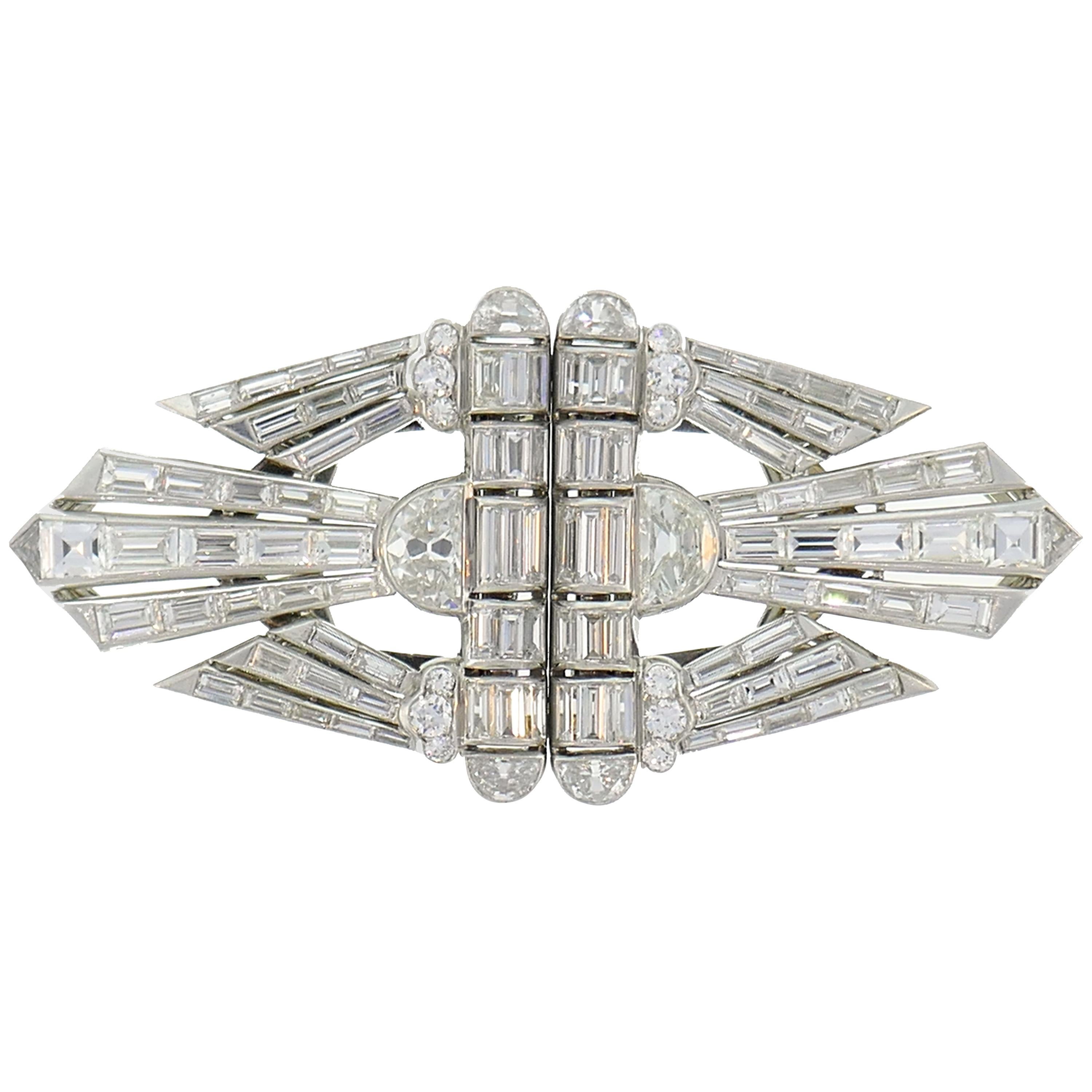 Diamond Platinum Double-Clip Brooch Pin, Art Deco, 1930s