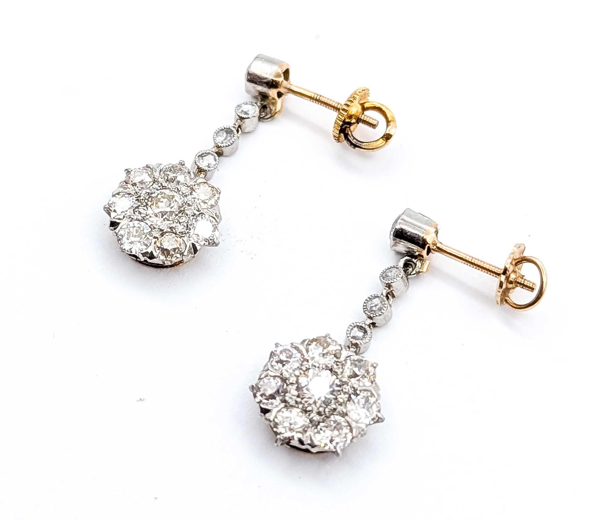 Pendientes de platino y diamantes Corte europeo antiguo en venta