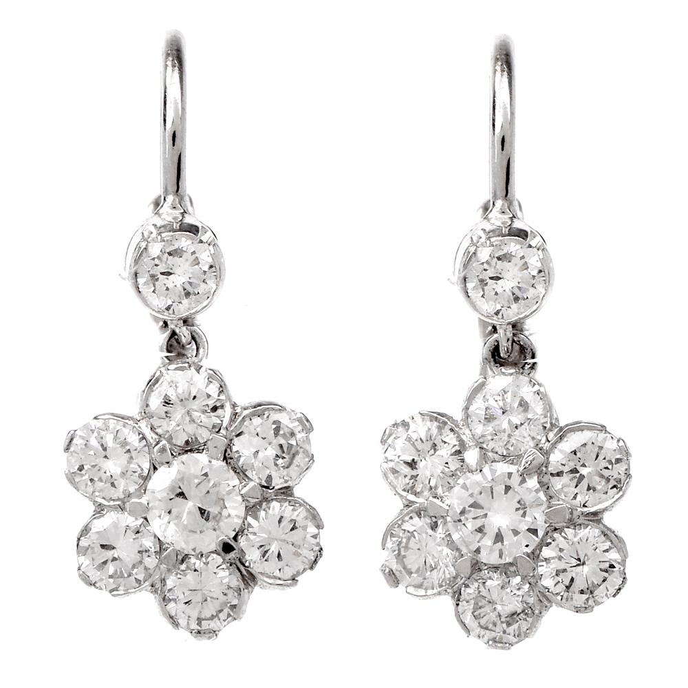 Diamond Platinum Floral Drop Earrings