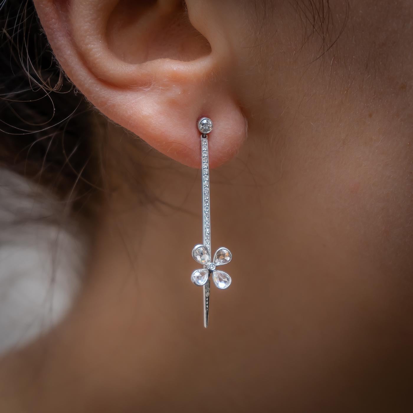 Modern Diamond Platinum Flower Drop Earrings