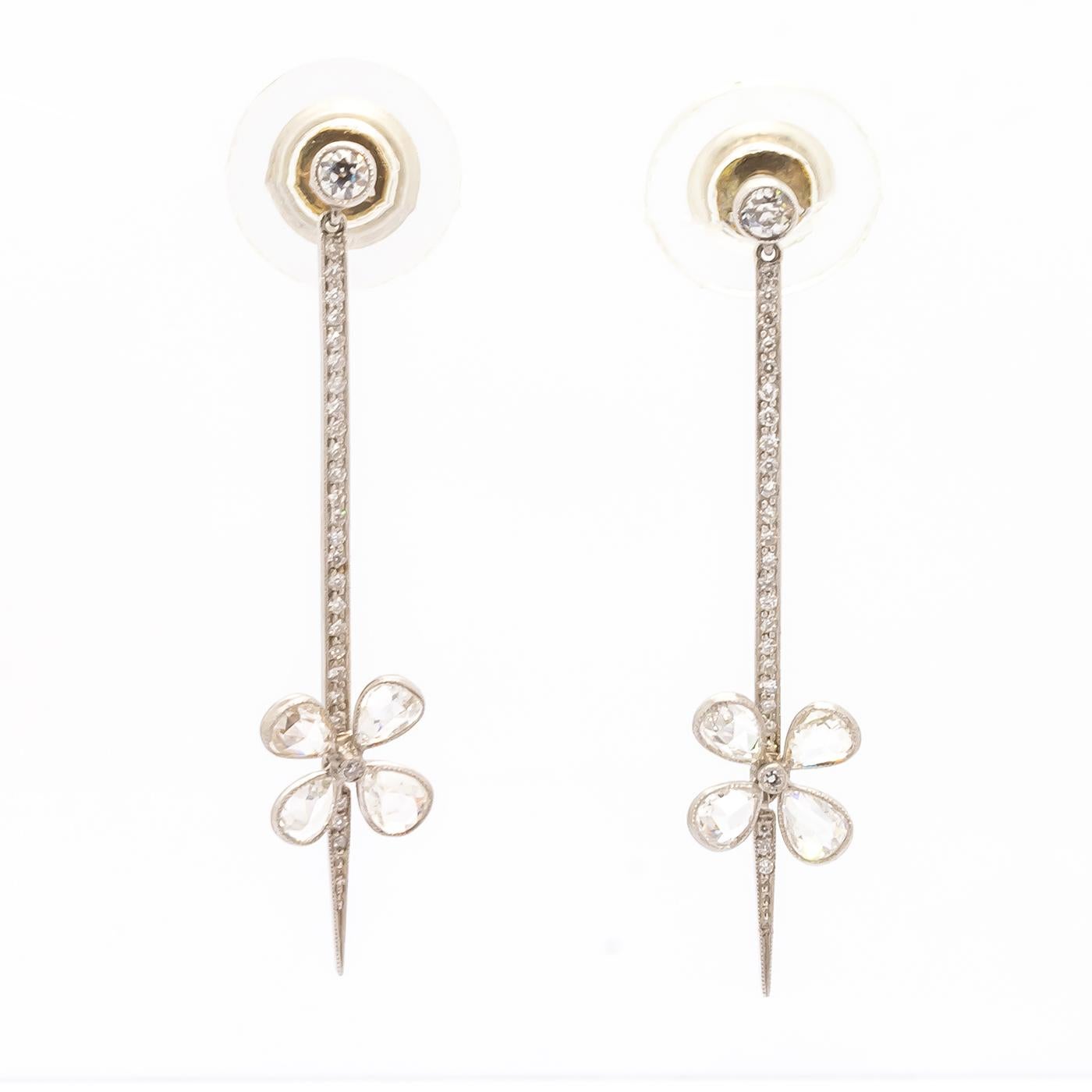 Diamond Platinum Flower Drop Earrings In Excellent Condition In London, GB