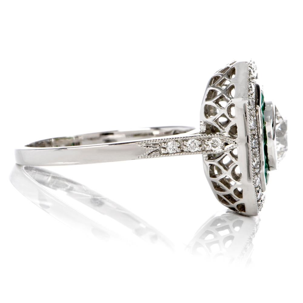 French Cut Diamond Platinum French Emerald Engagement Ring