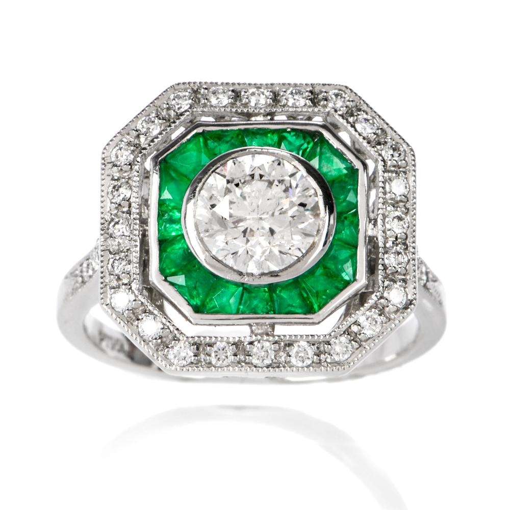 Women's or Men's Diamond Platinum French Emerald Engagement Ring