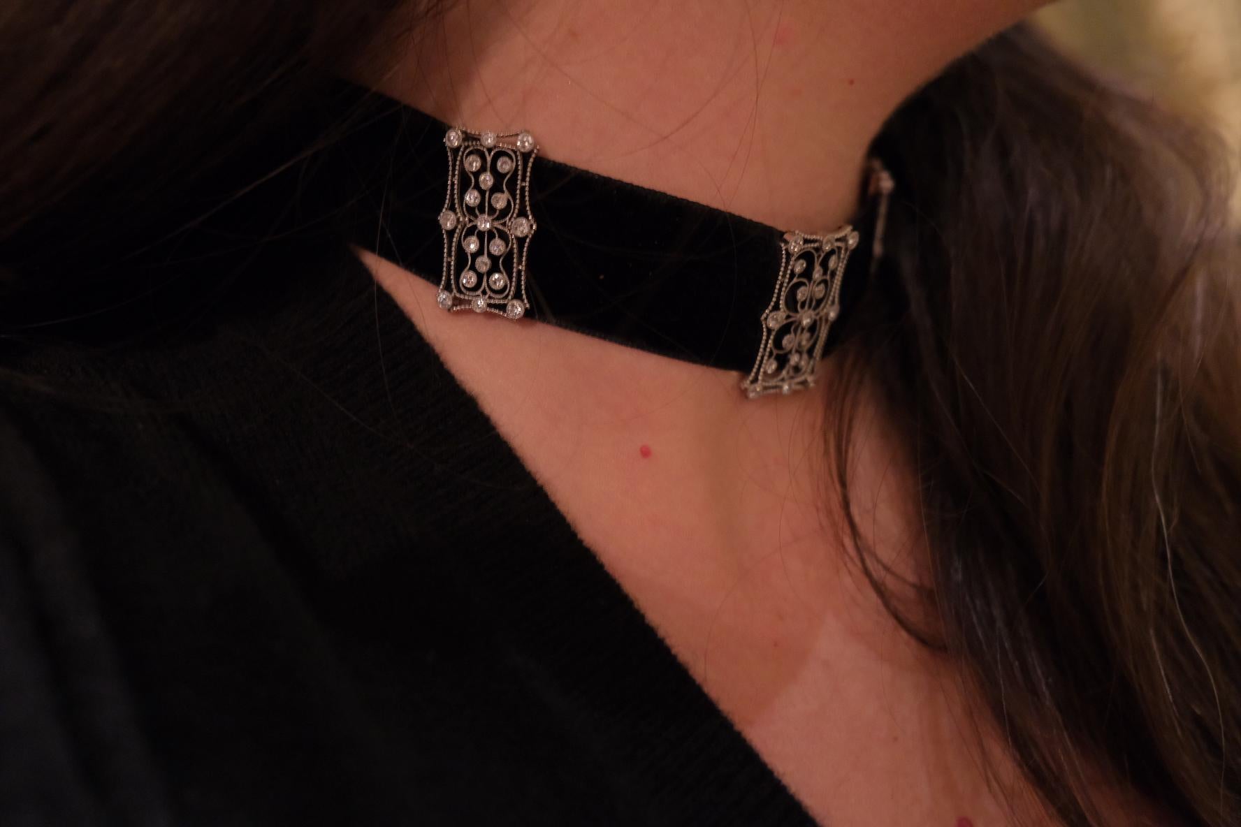 Belle Époque Diamond Platinum Gold Black Velvet Belle Epoque Choker Necklace For Sale