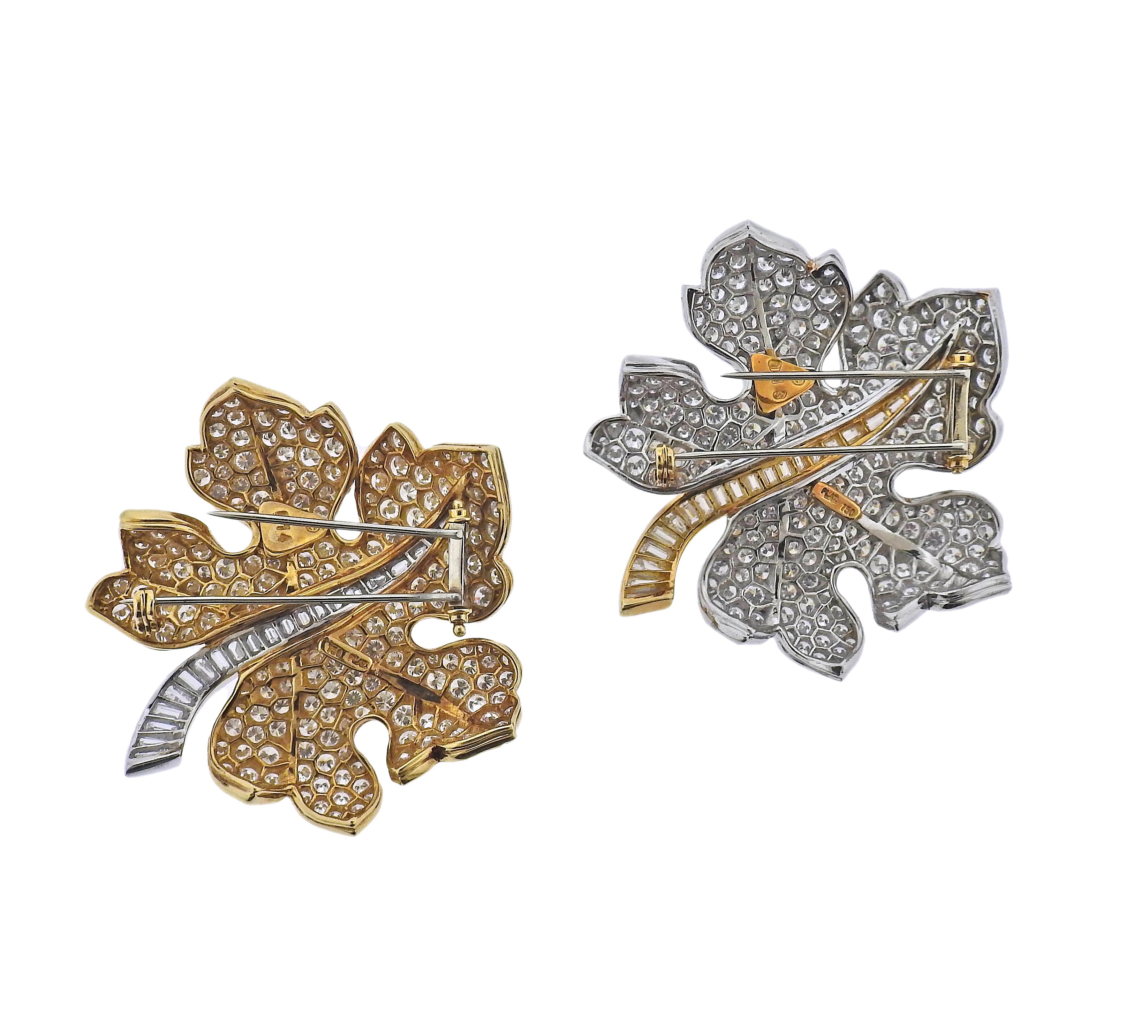 Round Cut Diamond Platinum Gold Leaf Brooch Set For Sale
