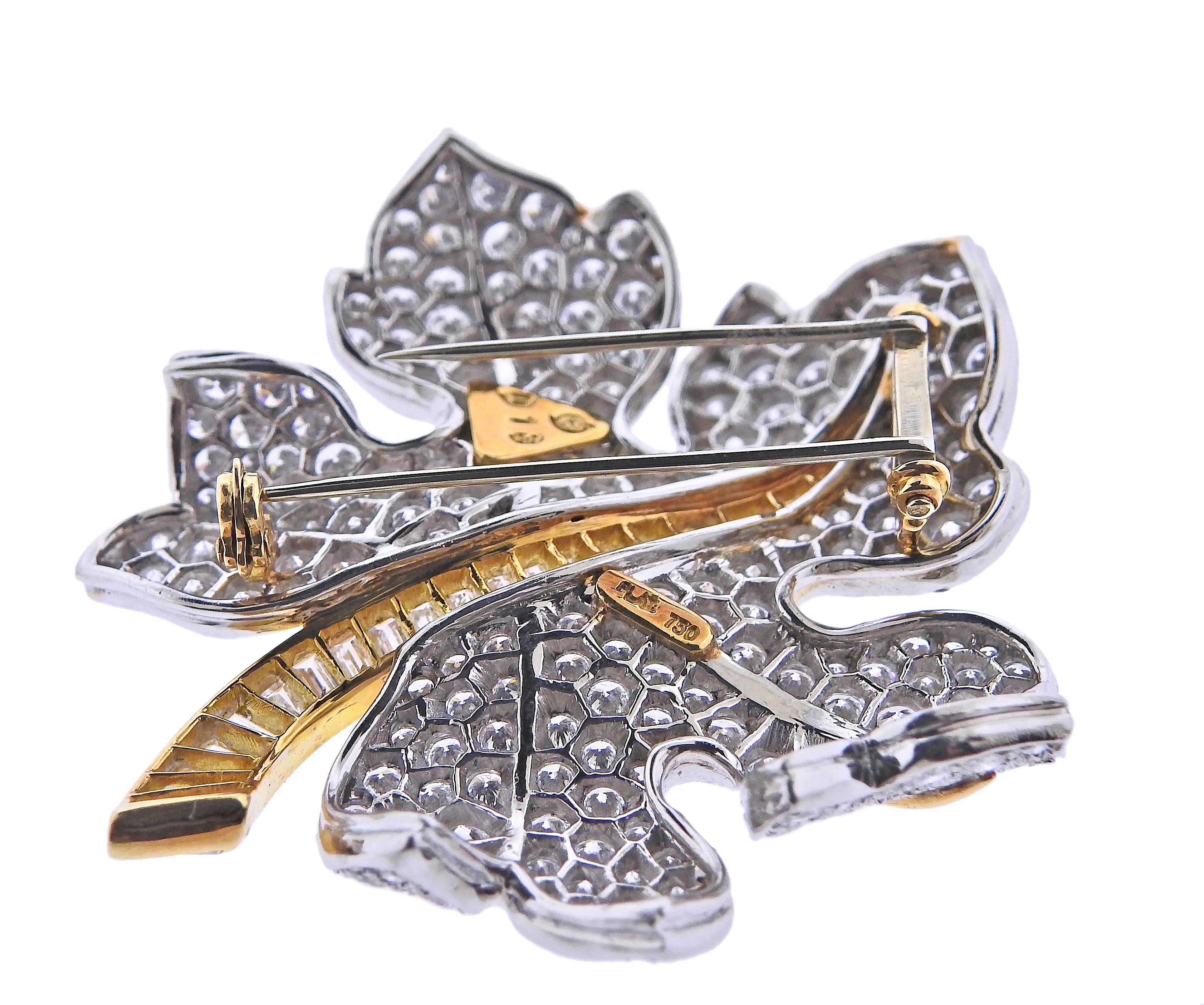Diamond Platinum Gold Leaf Brooch Set In Excellent Condition For Sale In New York, NY