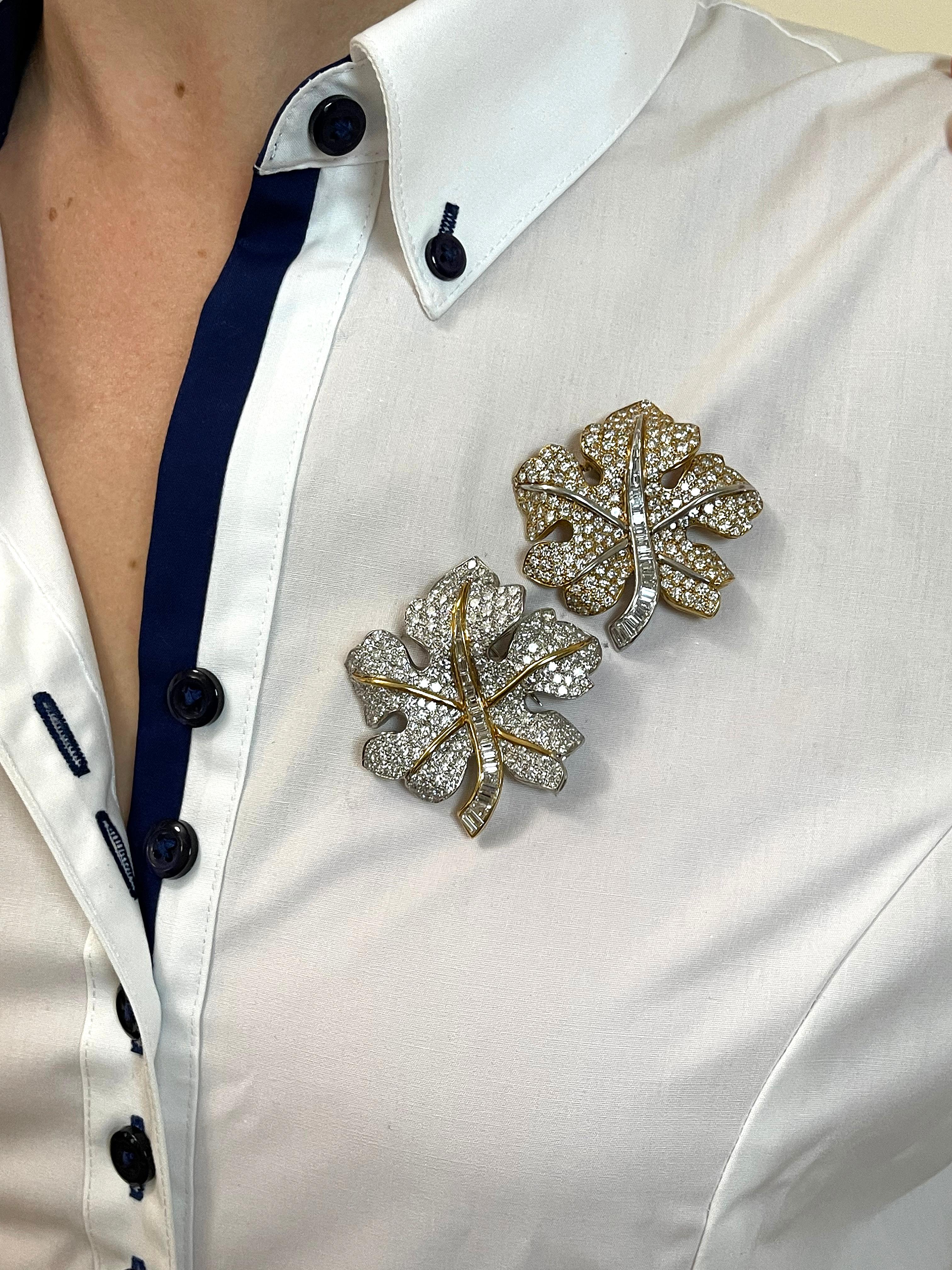 Broche à feuilles de diamant, platine et or Pour femmes en vente