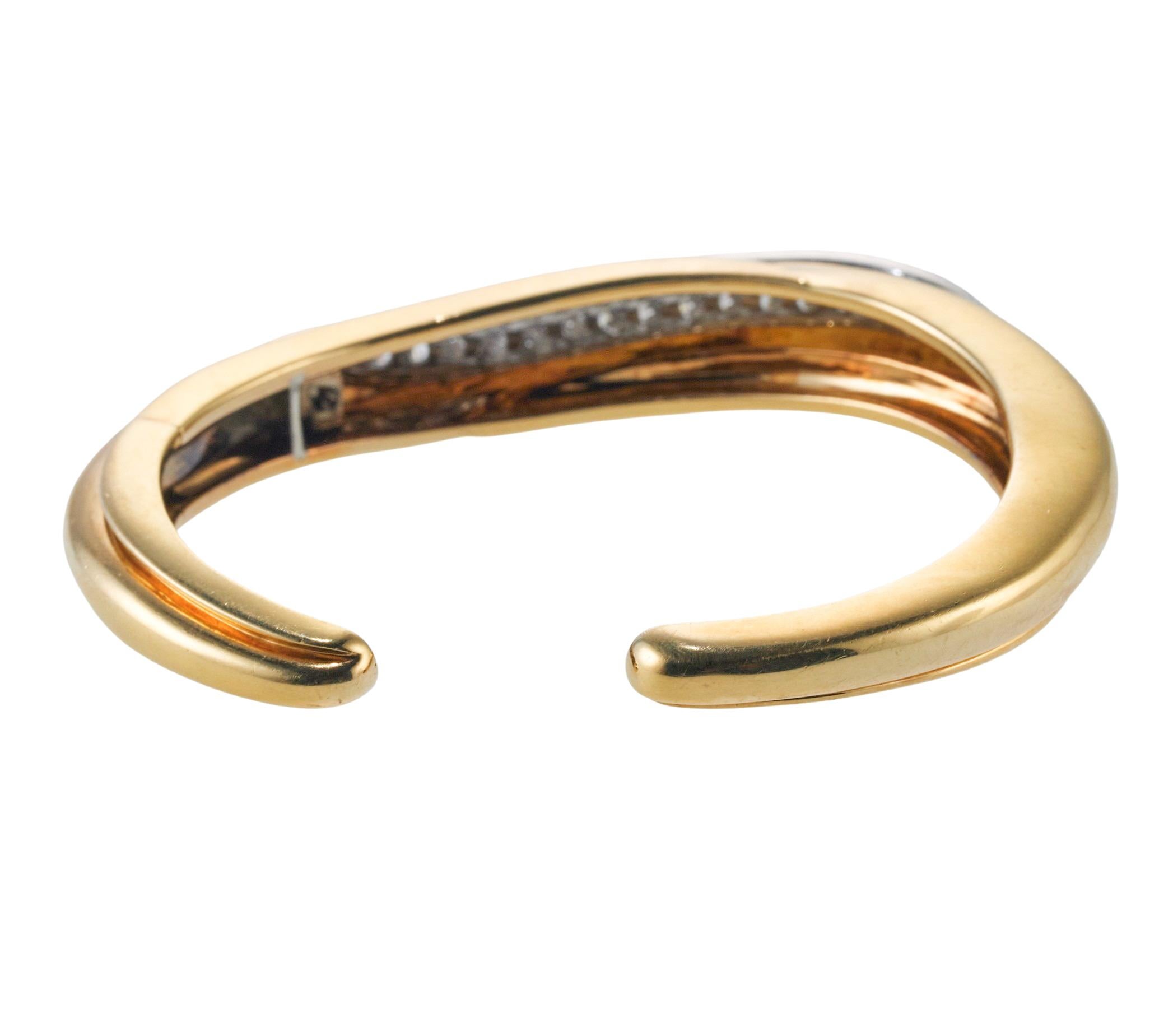 Diamond Platinum Gold Wave Cuff Bracelet In Good Condition For Sale In Lambertville, NJ
