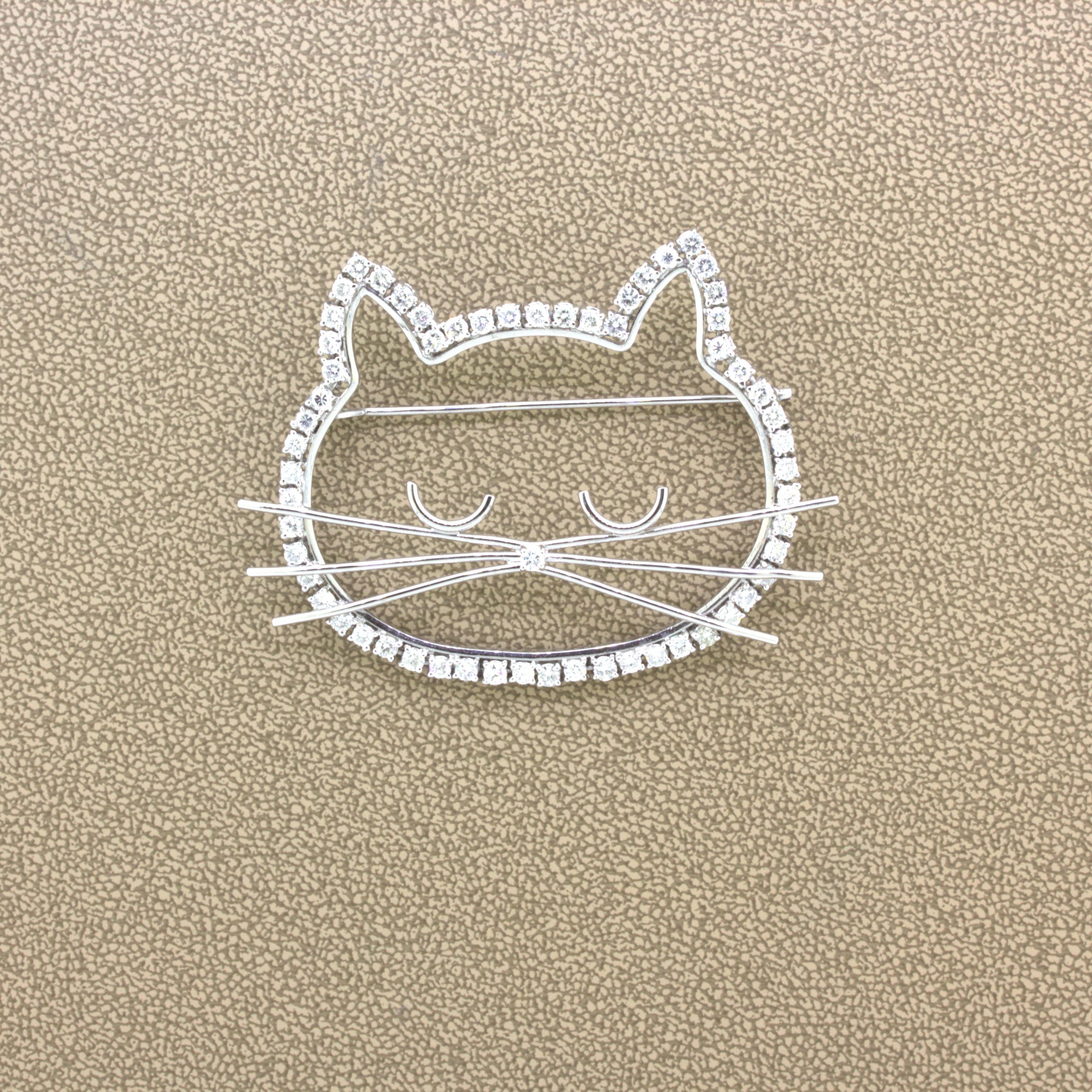 Round Cut Diamond Platinum Kitty Cat Brooch For Sale