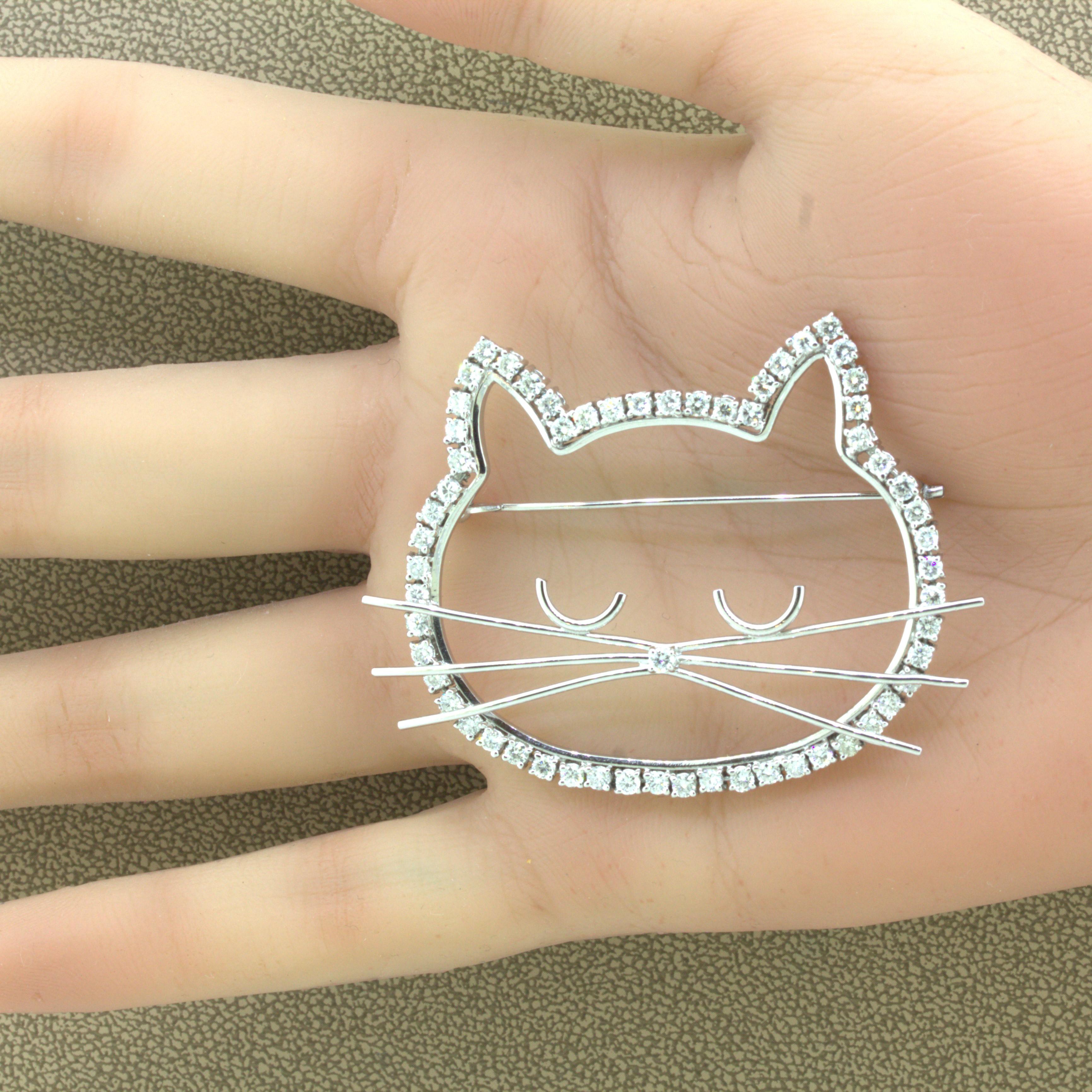 Diamond Platinum Kitty Cat Brooch In New Condition For Sale In Beverly Hills, CA