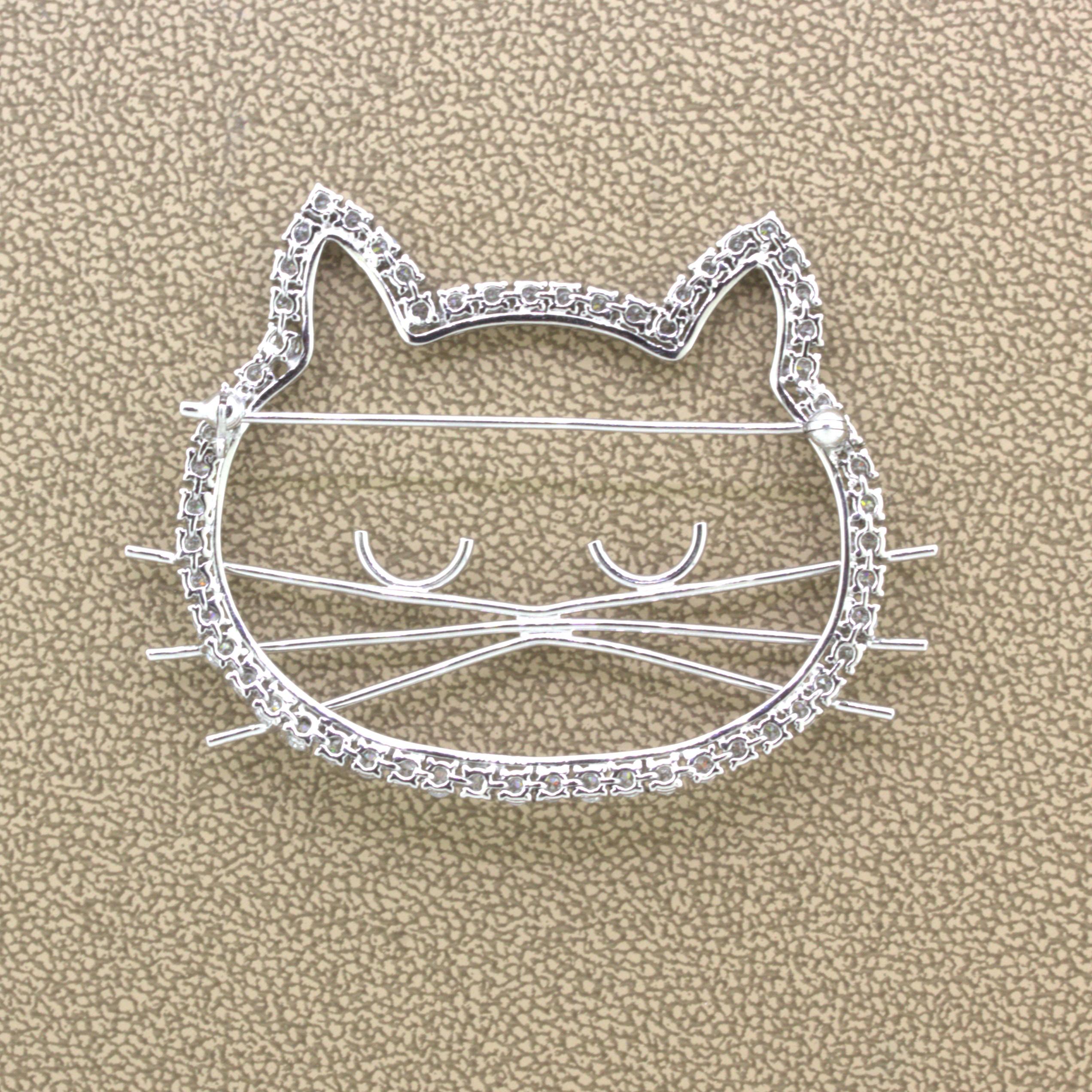Women's Diamond Platinum Kitty Cat Brooch For Sale