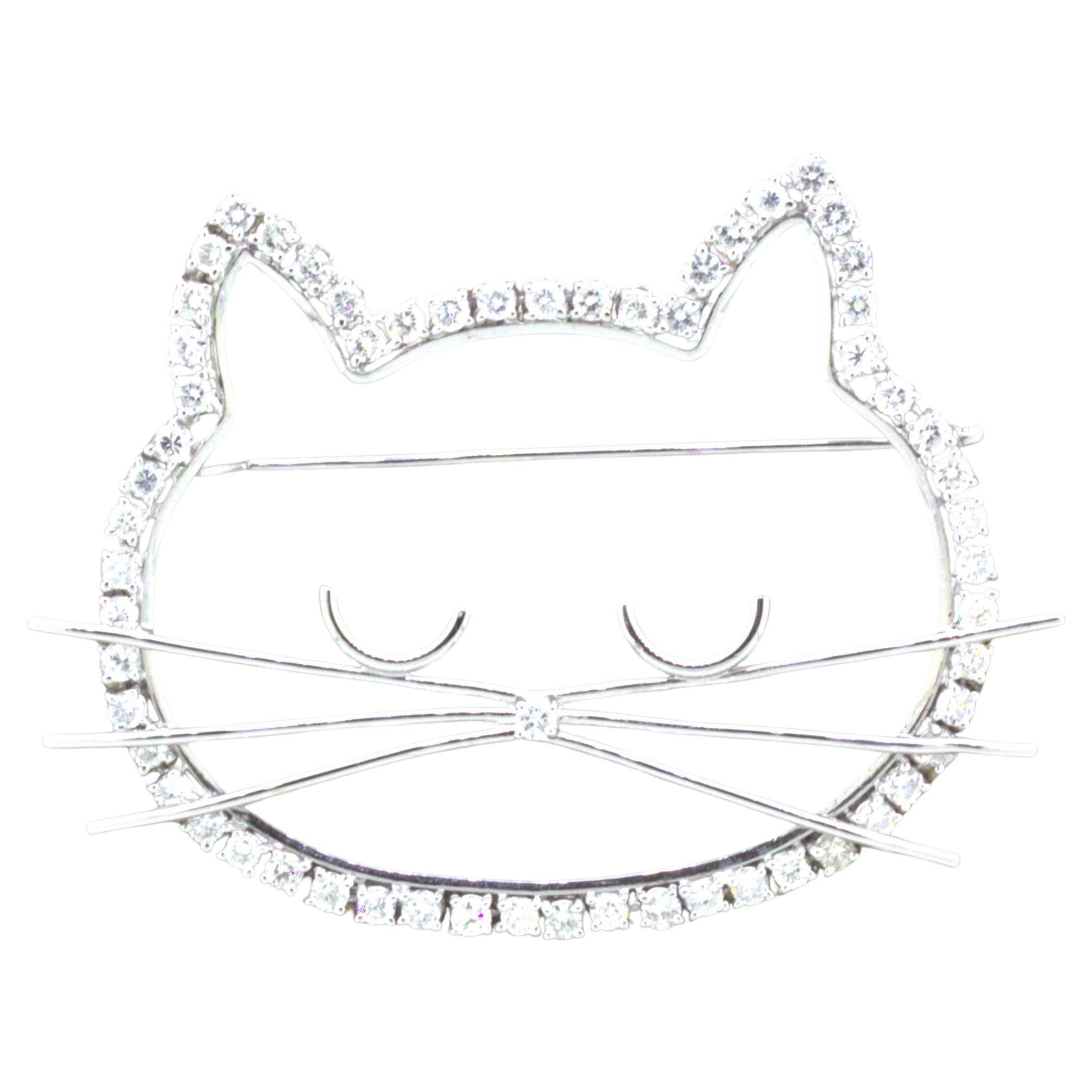 Diamond Platinum Kitty Cat Brooch For Sale