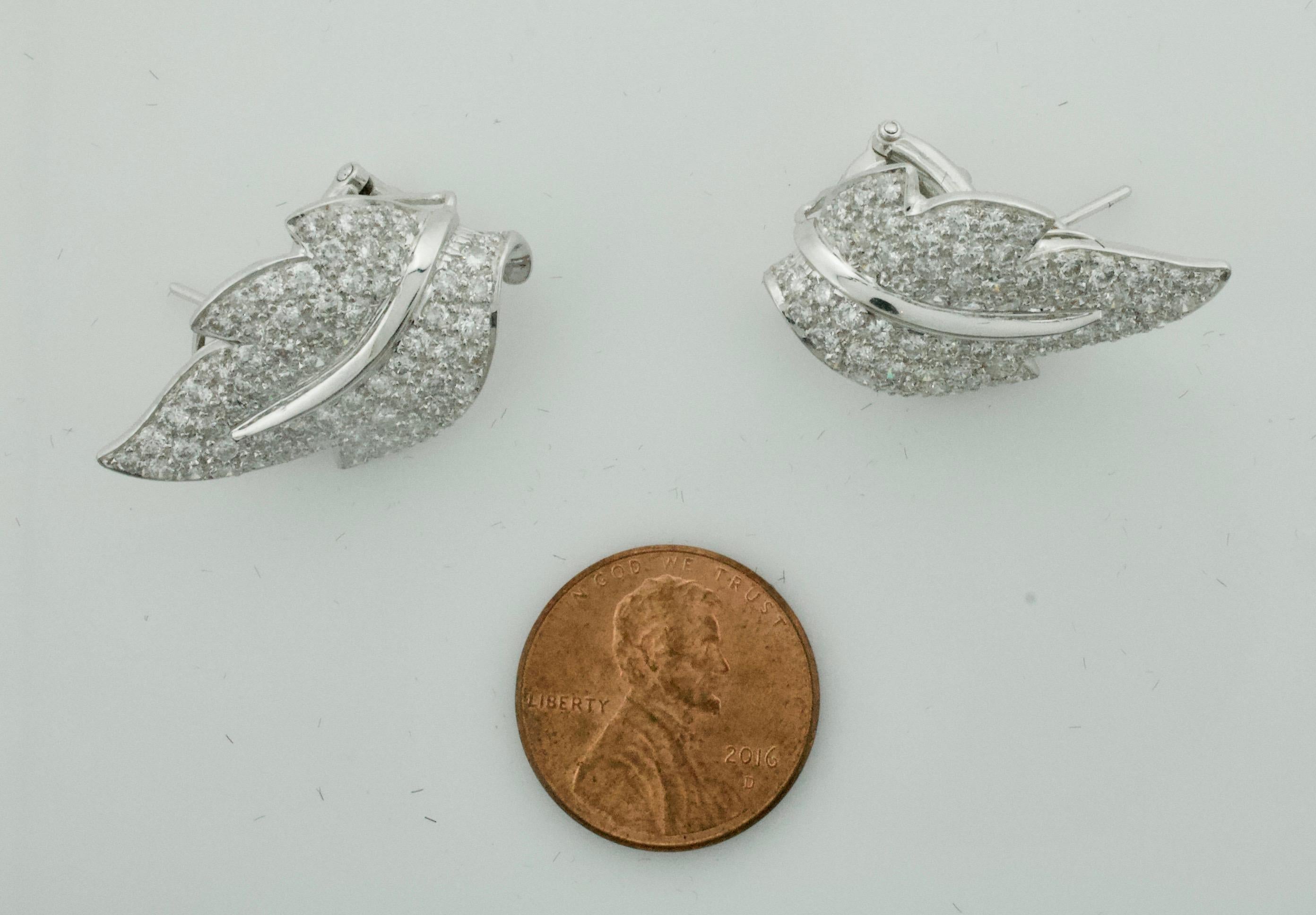 Round Cut Diamond Platinum Leaf Earrings 4.00 Carat