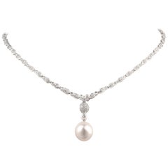 Diamond Platinum Leaf Motif South Sea Drop Choker Necklace