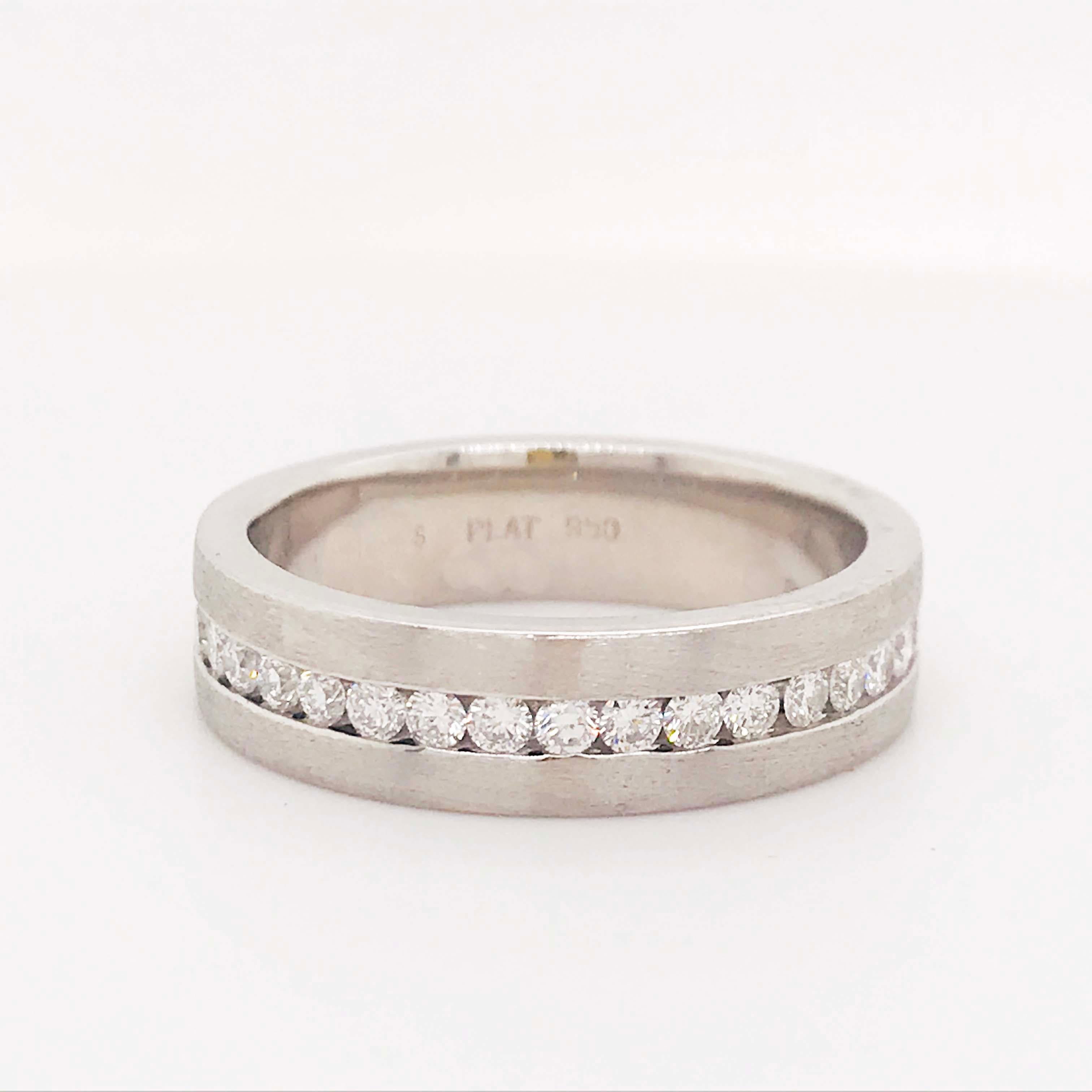 Modern diamond and platinum men's wedding band. This authentic platinum and diamond design is modern and classy! The 6mm wide men's band is made of the precious metal platinum. With genuine round brilliant diamonds set in a clean channel setting.