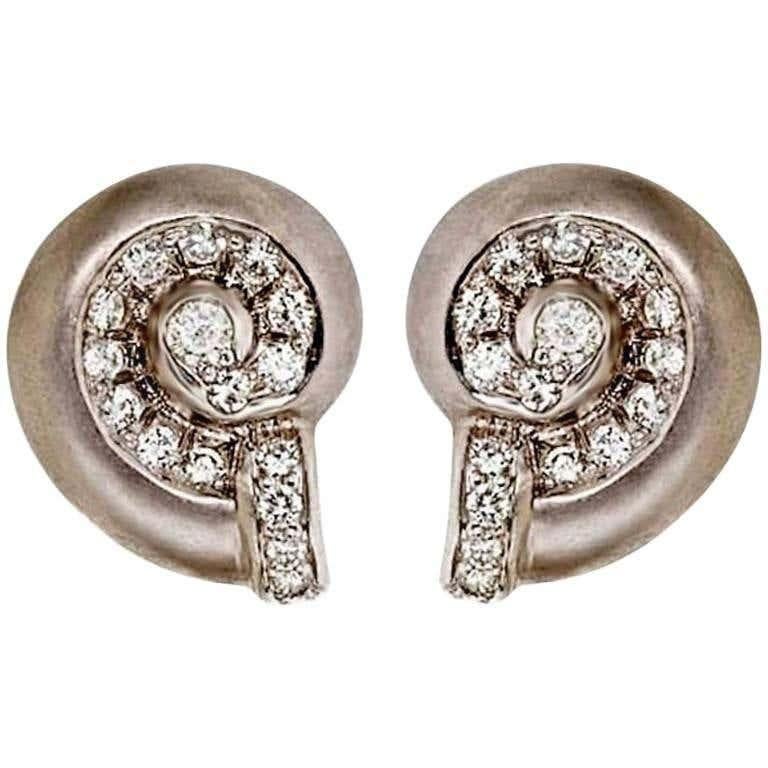 Diamond Platinum NAUTILUS SHELL Earrings by John Landrum Bryant In New Condition For Sale In New York, NY