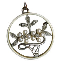 Antike edwardianische viktorianische Diamant-Platin-Perlen-Emaille-Blumenkorb-Halskette