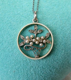 Diamond Platinum Pearl Enamel Flower Basket Necklace Antique Edwardian Victorian