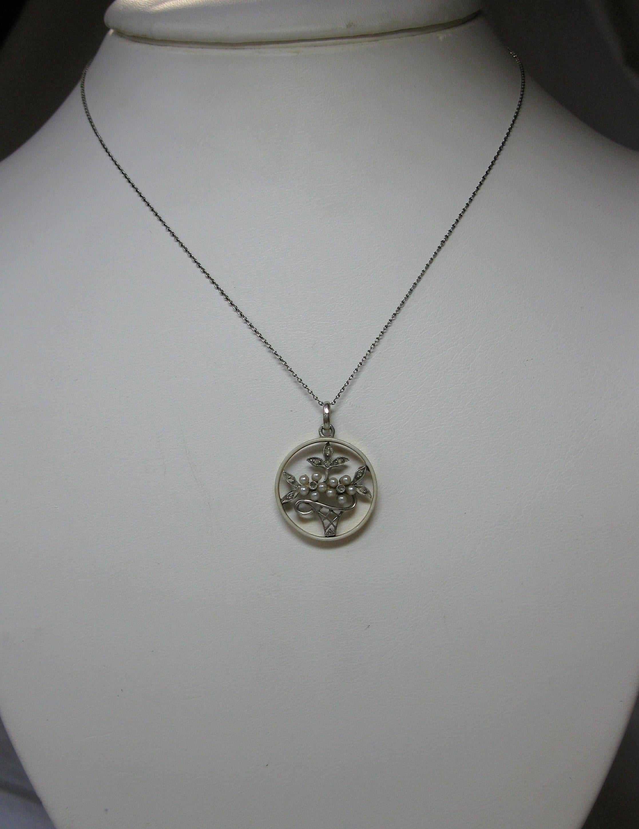Rose Cut Diamond Platinum Pearl Enamel Flower Basket Necklace Antique Edwardian Victorian For Sale